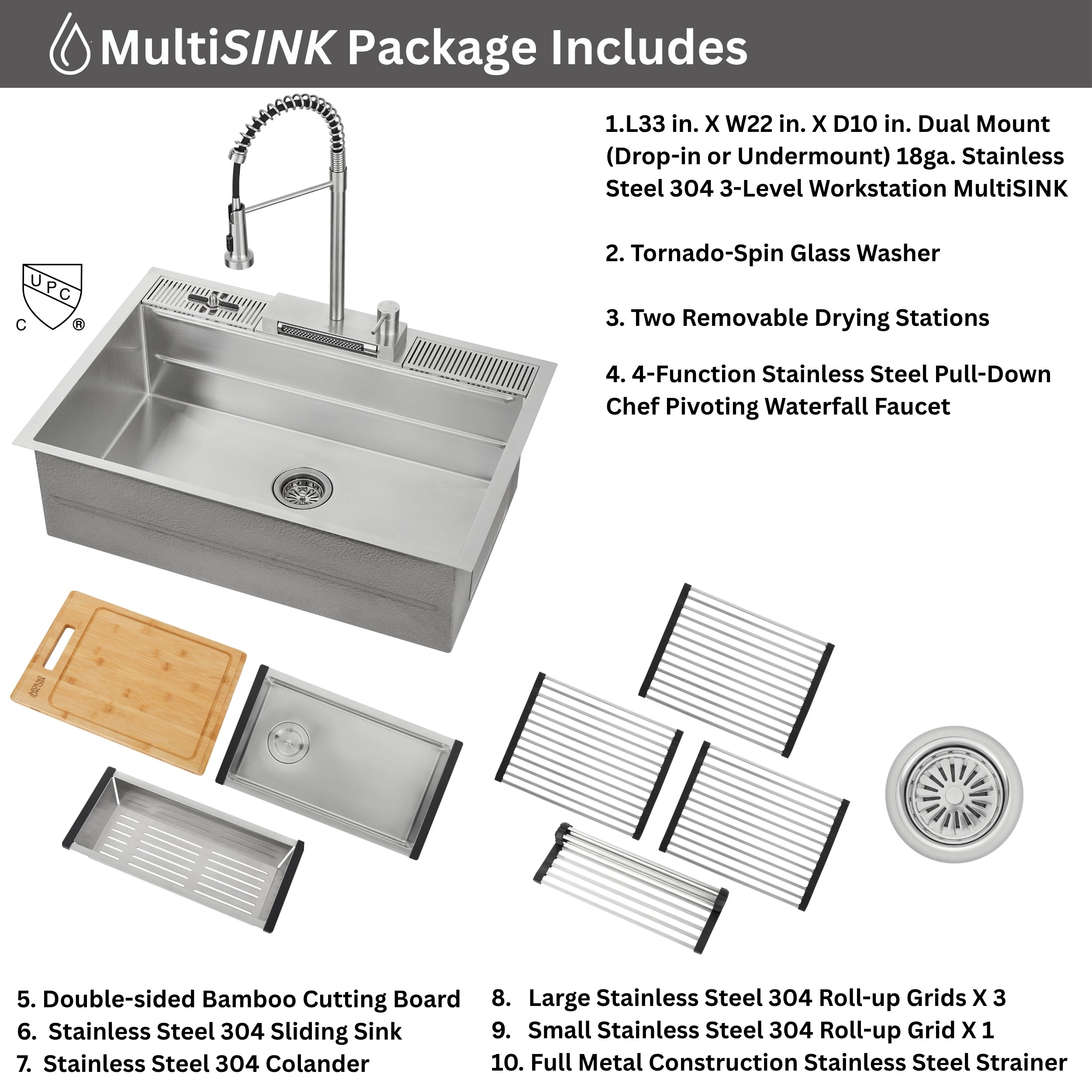 FORNO ACQUA 33 in. Drop-In/Undermount 3-Level MultiSINK Workstation Sink with Waterfall Faucet & Glass Rinser
