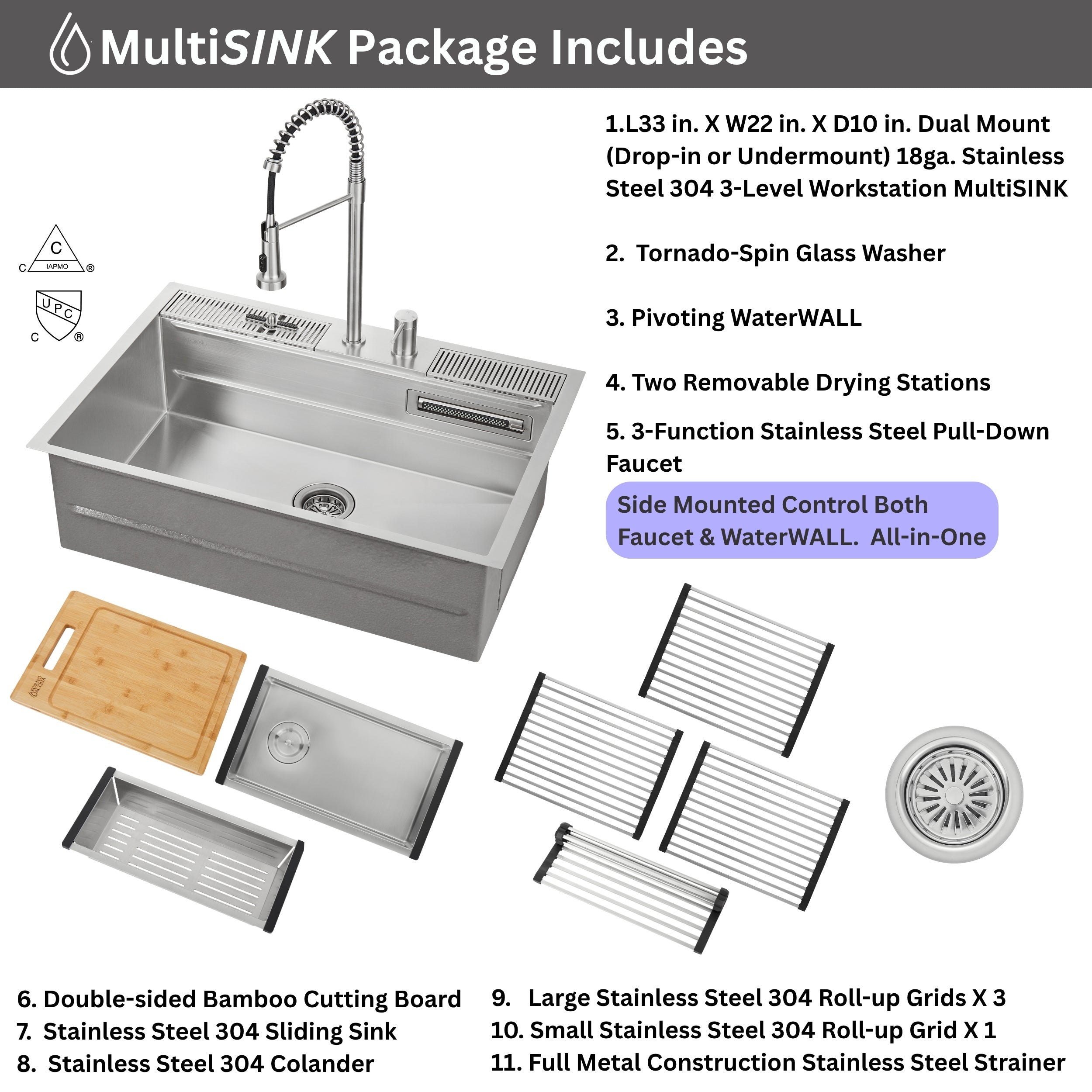 FORNO ACQUA 33 in. Drop-In/Undermount 3-Level Workstation Sink with Faucet, Waterfall & Glass Rinser