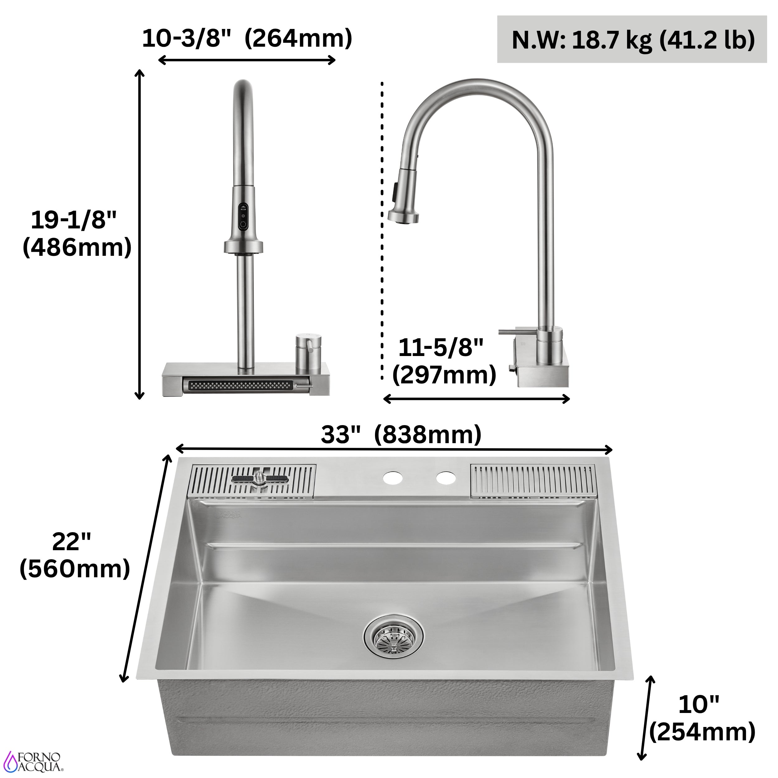 FORNO ACQUA 33 in. Drop-In/Undermount MultiSINK Workstation Sink with Waterfall Faucet & Glass Rinser