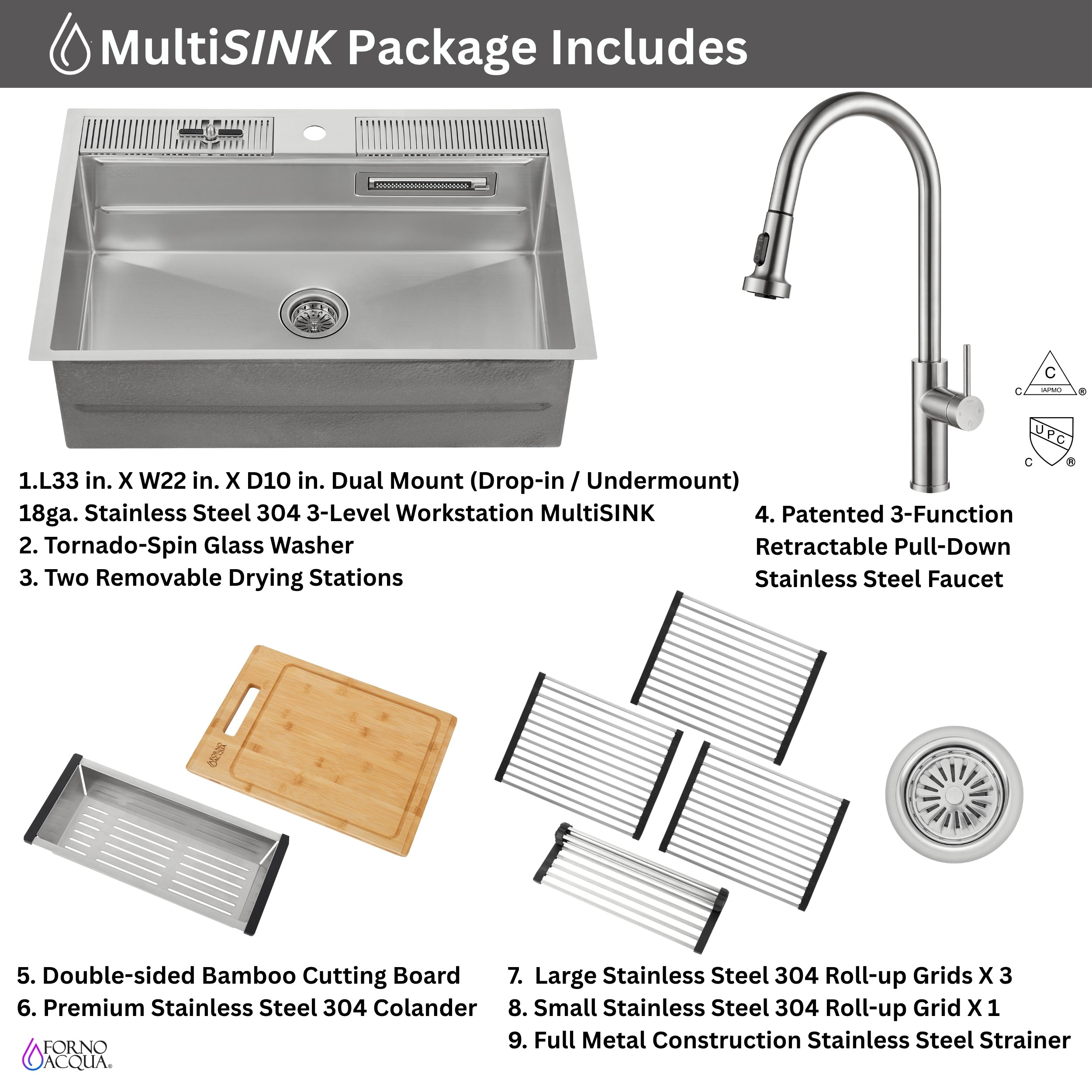 FORNO ACQUA 33 in. Drop-In/Undermount 3-Level Workstation with Retractable Faucet & Glass Rinser