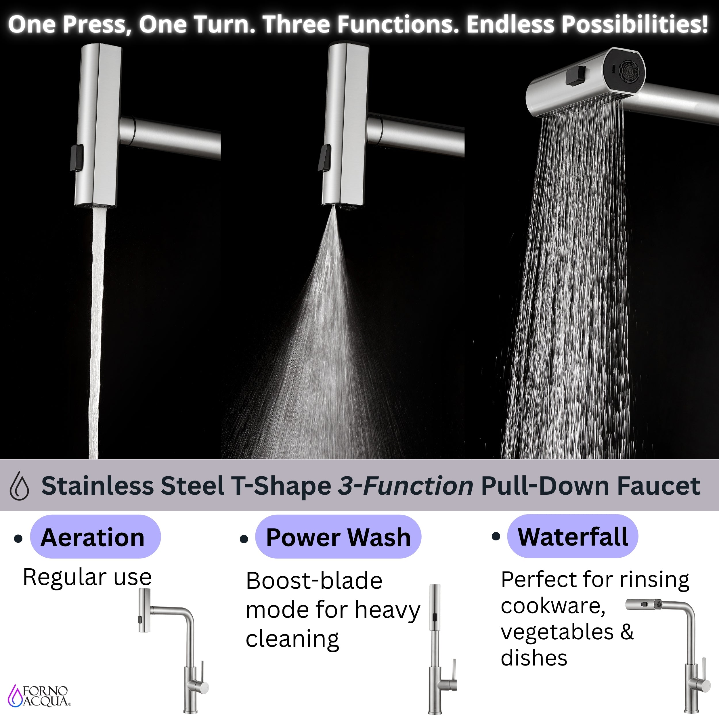 FORNO ACQUA 33 in. Drop-In/Undermount 3-Level Workstation Sink with Waterfall Faucet & Glass Rinser