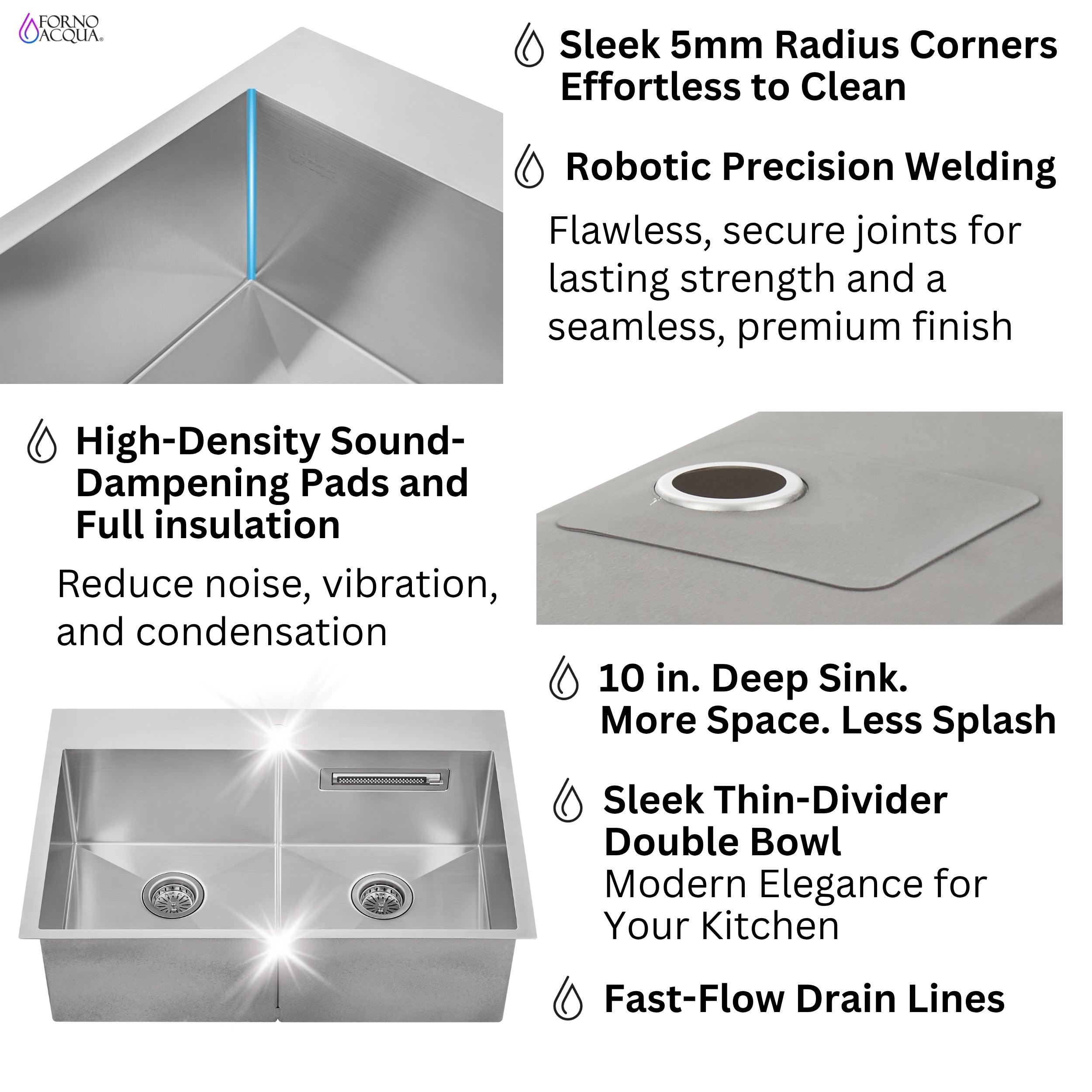 FORNO ACQUA 33 in. Drop-In/Undermount 50/50 Double Bowl Stainless Steel Sink with Faucet & Waterfall