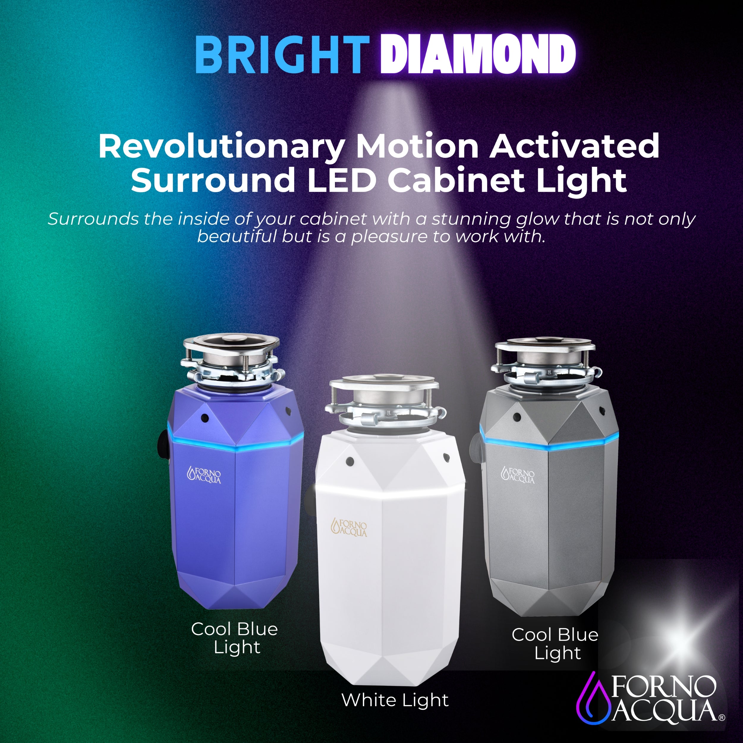 FORNO ACQUA BrightDIAMOND Amethyst 3/4HP Super Quiet Garbage Disposal Corded with Motion Sensor Cabinet Light & Pre-Wired Air Switch