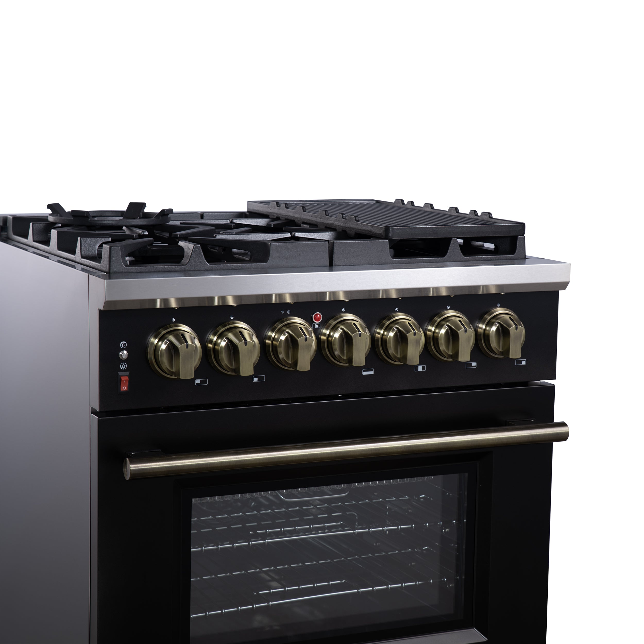 Forno Massimo 30-Inch Freestanding Dual Fuel Range in Black with Antique Brass Accessories, 4 Burners, 4.32 cu. ft. Convection Oven