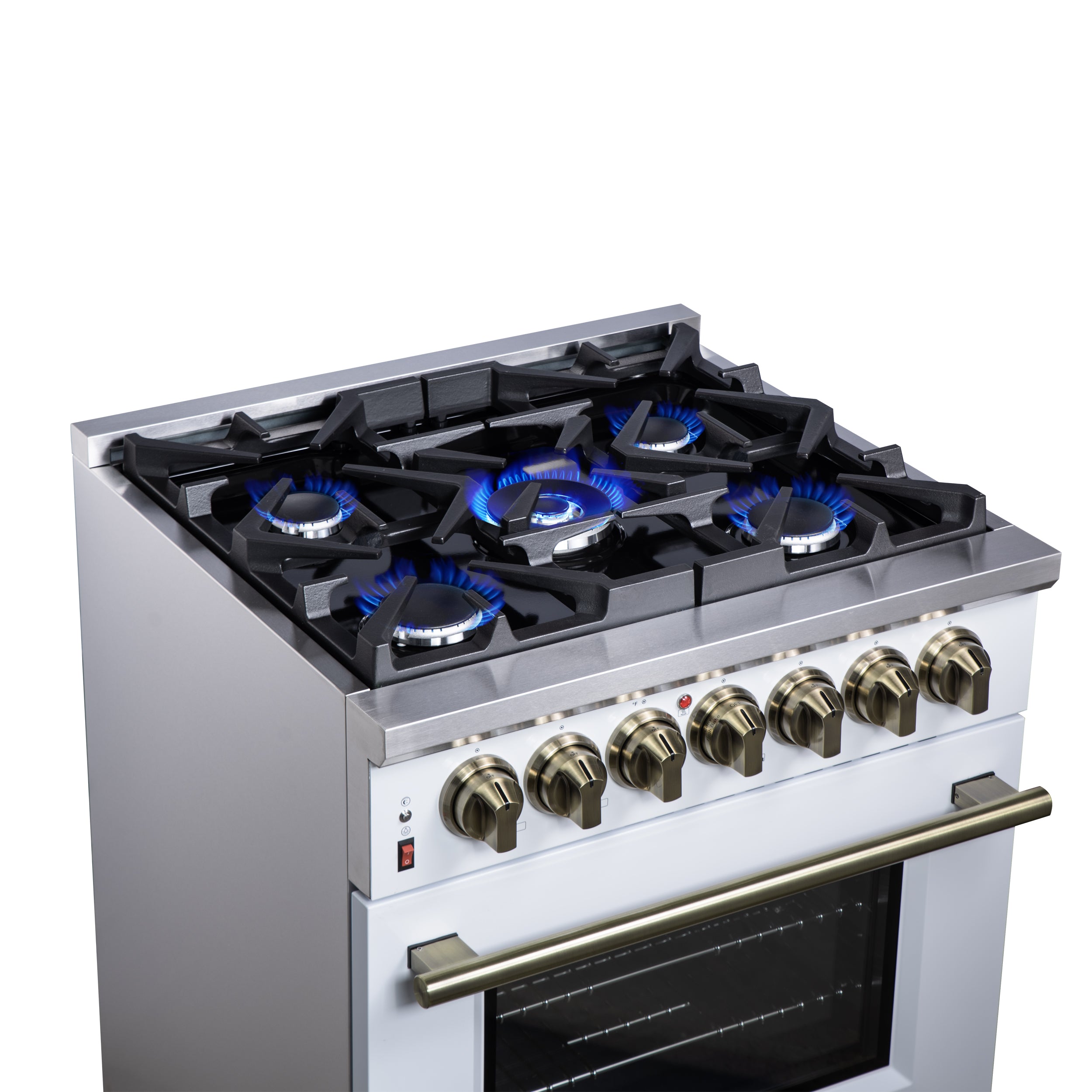 Forno Massimo 30-Inch Freestanding Dual Fuel Range in White with Antique Brass Accessories, 4 Burners, 4.32 cu. ft. Convection Oven