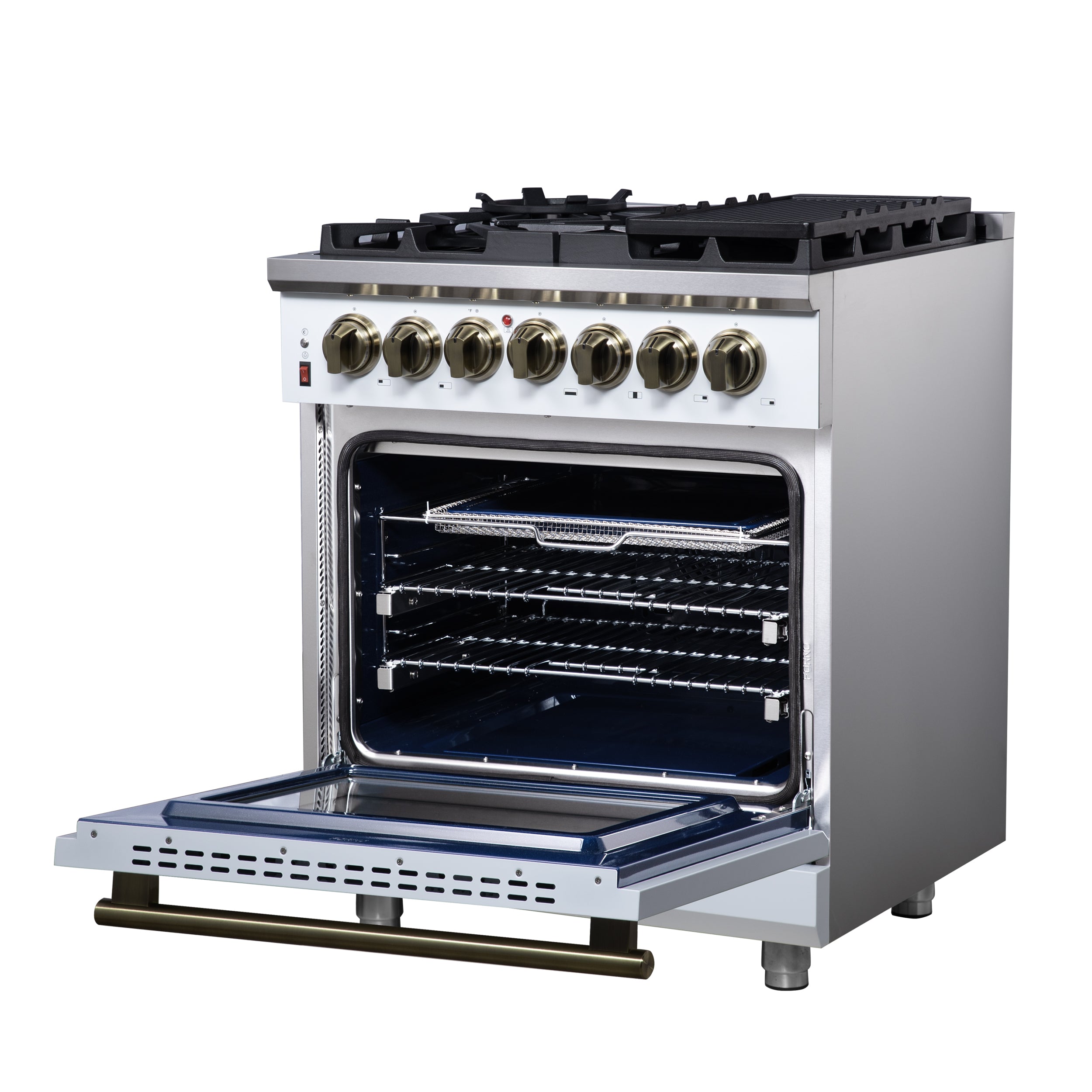 Forno Massimo 30-Inch Freestanding Dual Fuel Range in White with Antique Brass Accessories, 4 Burners, 4.32 cu. ft. Convection Oven