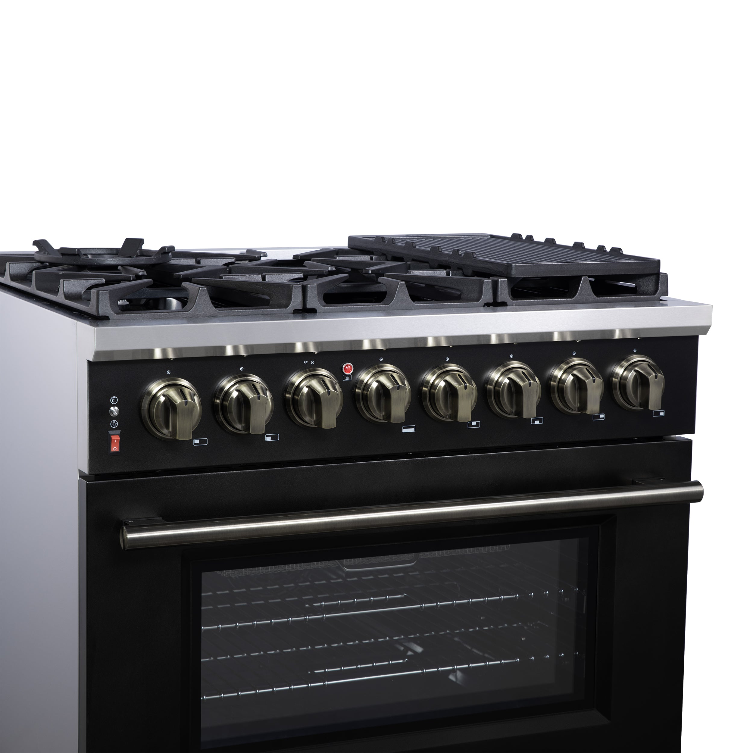 Forno Massimo 36 Inch Freestanding Dual Fuel Range in Black with Antique Brass Accessories, 6 Burners, 5.36 cu. ft. Convection Oven