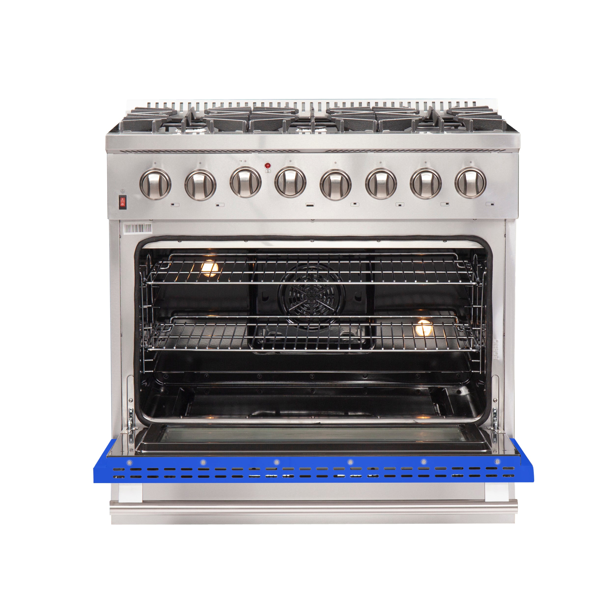 Forno Galiano 36-Inch Freestanding Dual Fuel Range, 6 Burners, Double Convection Ovens, Blue Door