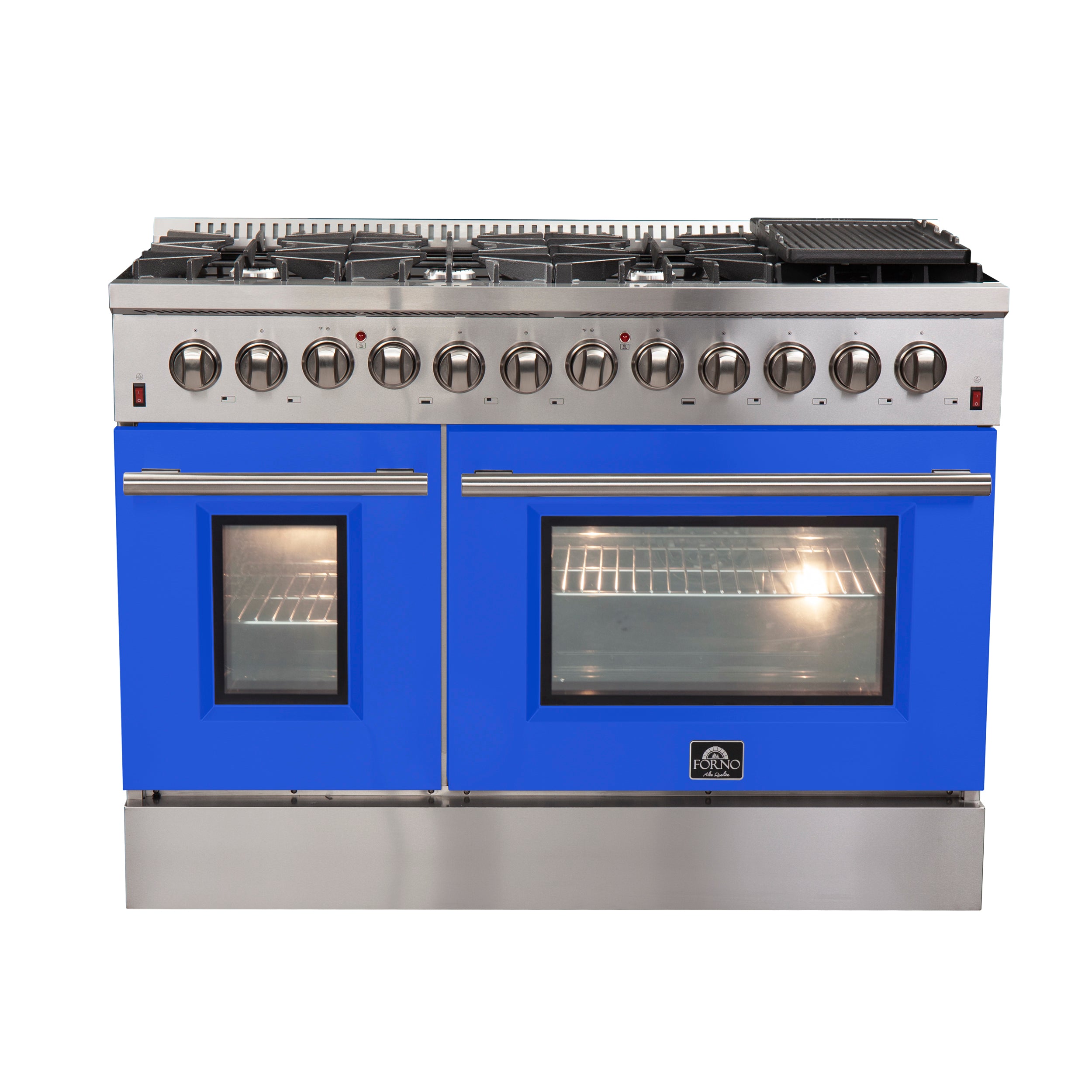 Forno Galiano 48-Inch Freestanding Dual Fuel Range, 8 Burners, Double Convection Ovens, Blue Doors