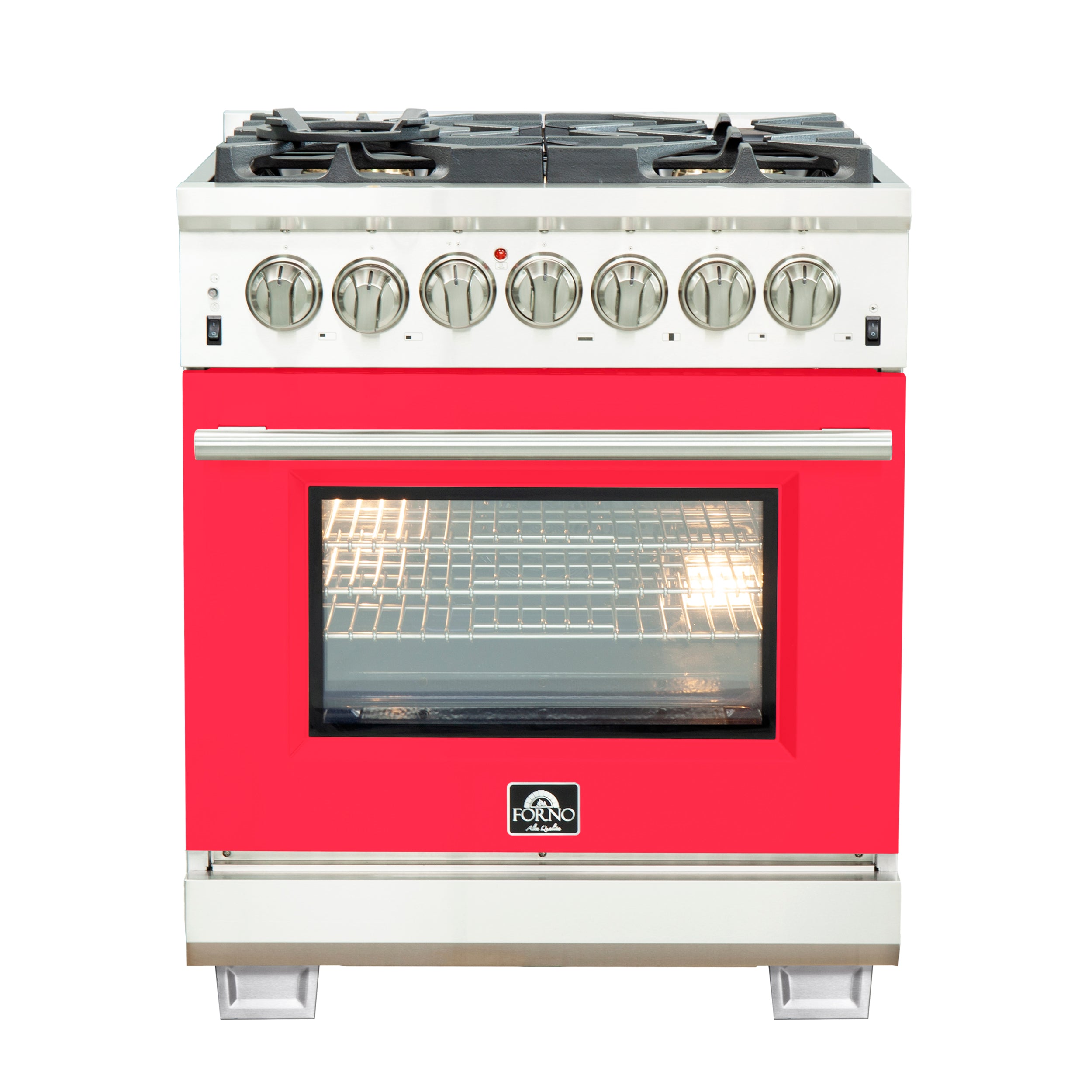 Forno Capriasca 30-Inch Freestanding Dual Fuel Range, 4 Burners, True Convection Oven, Red Door