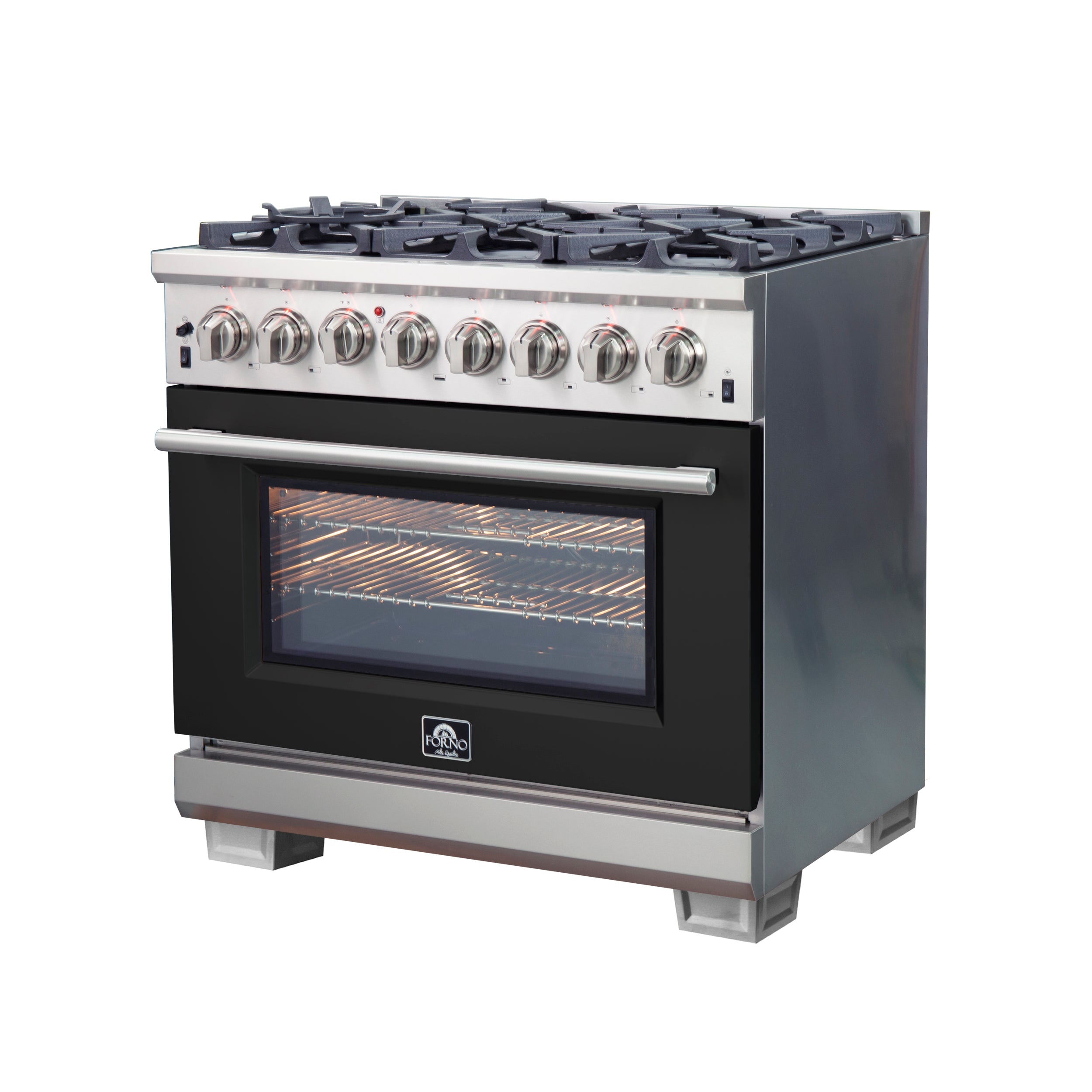 Forno Capriasca 36-Inch Freestanding Dual Fuel Range, 6 Burners, True Convection Oven, Black Door