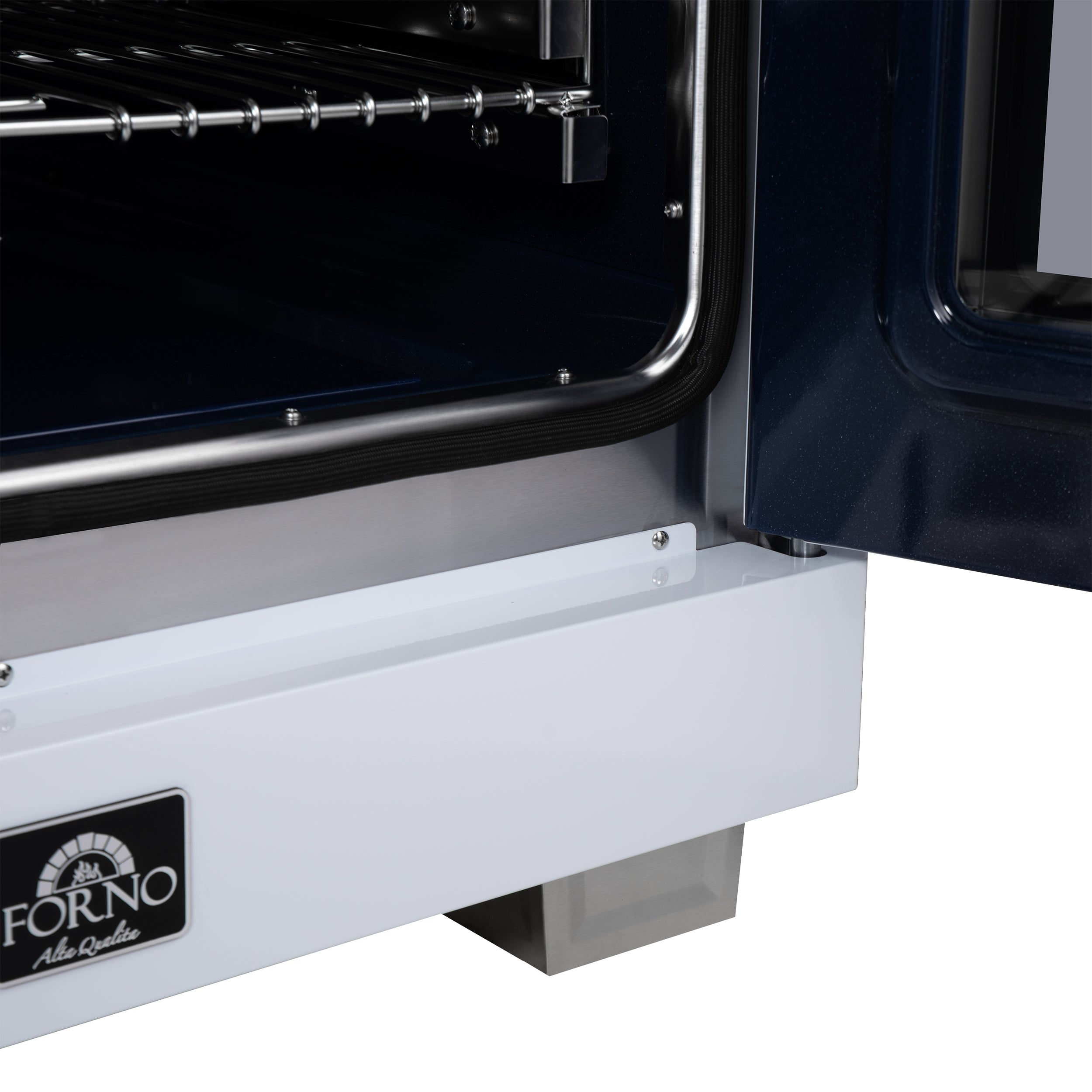 Forno Capriasca 30-Inch Freestanding French Door Dual Fuel Range in White with Antique Brass Accessories, 5 Burners, True Convection Oven