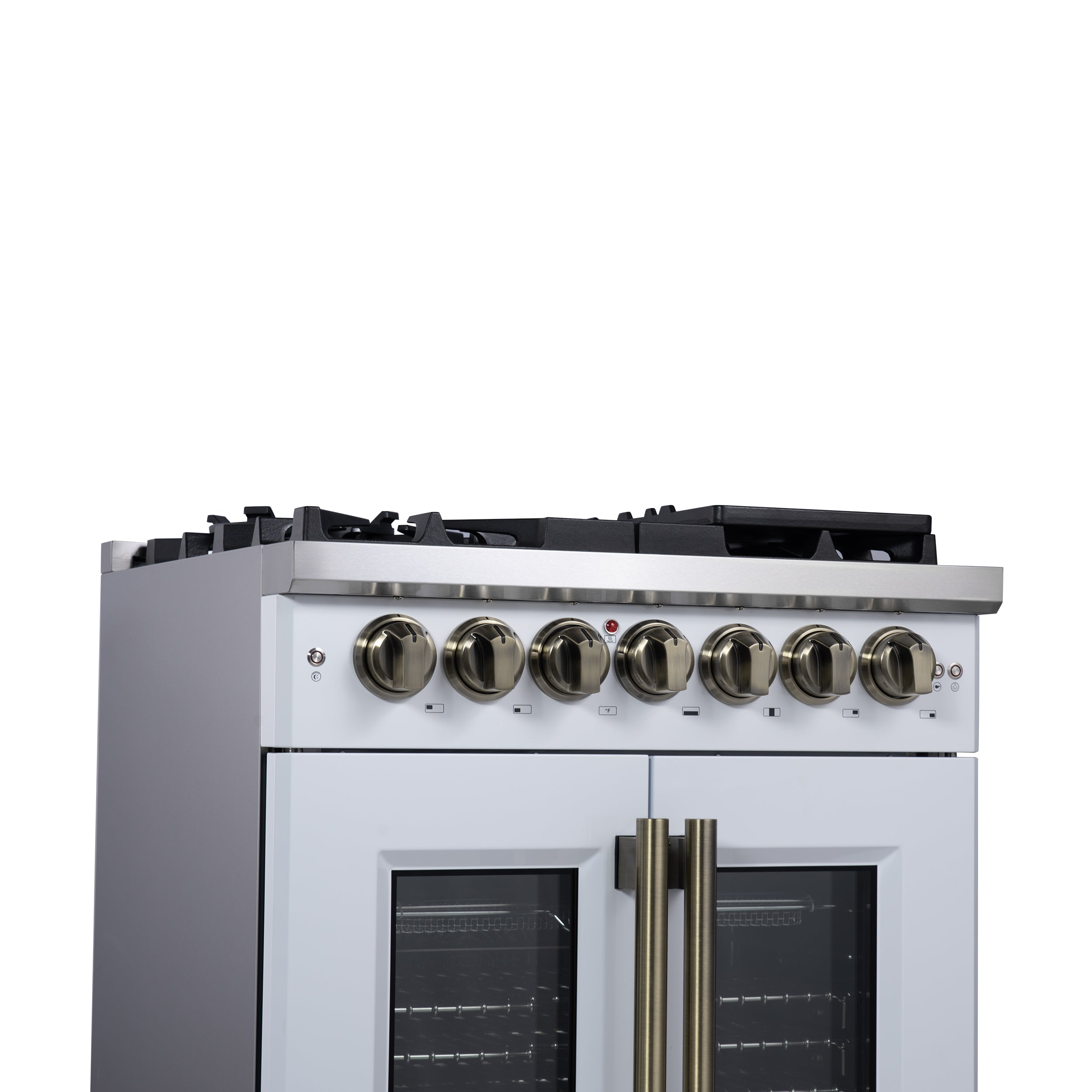 Forno Capriasca 30-Inch Freestanding French Door Dual Fuel Range in White with Antique Brass Accessories, 5 Burners, True Convection Oven
