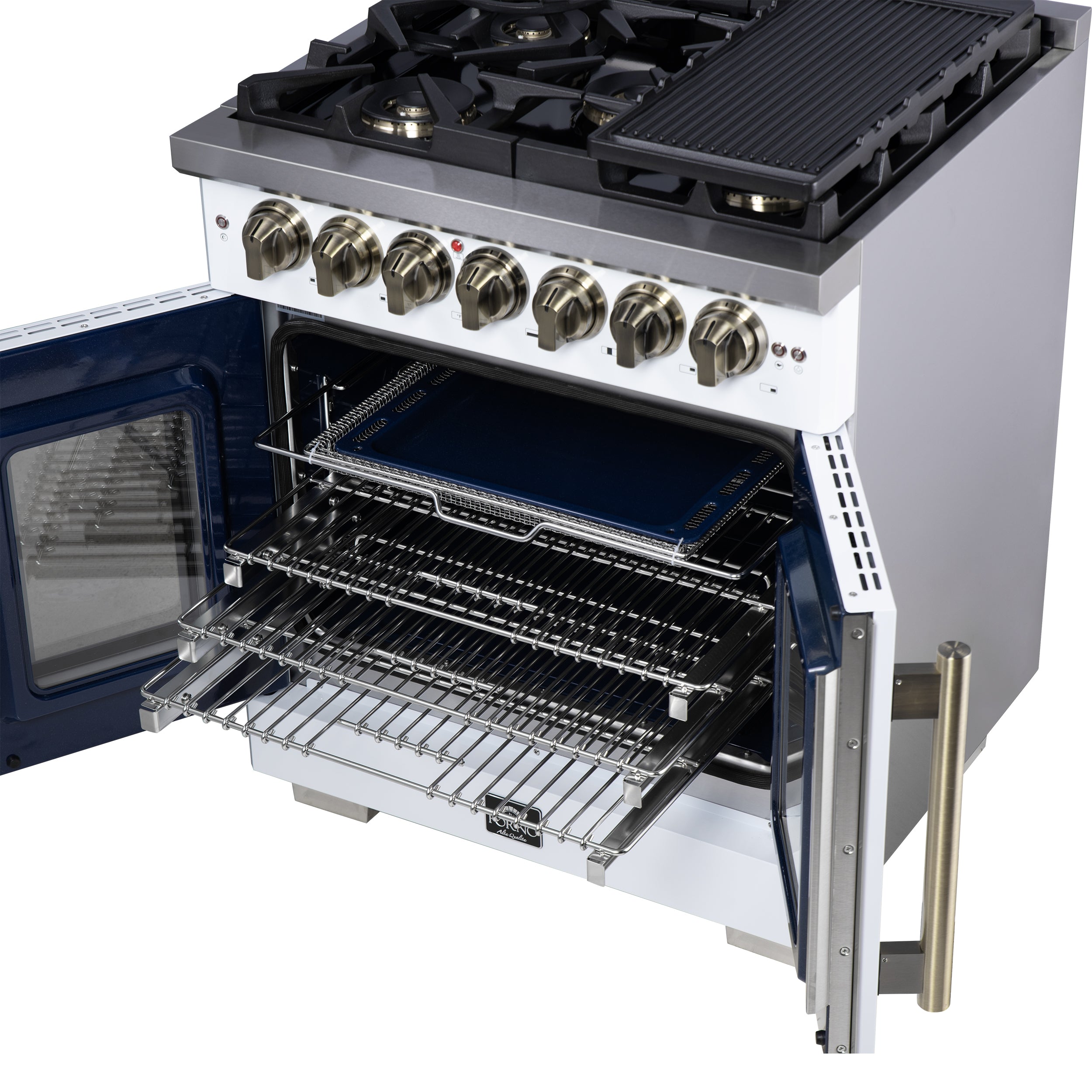 Forno Capriasca 30-Inch Freestanding French Door Dual Fuel Range in White with Antique Brass Accessories, 5 Burners, True Convection Oven