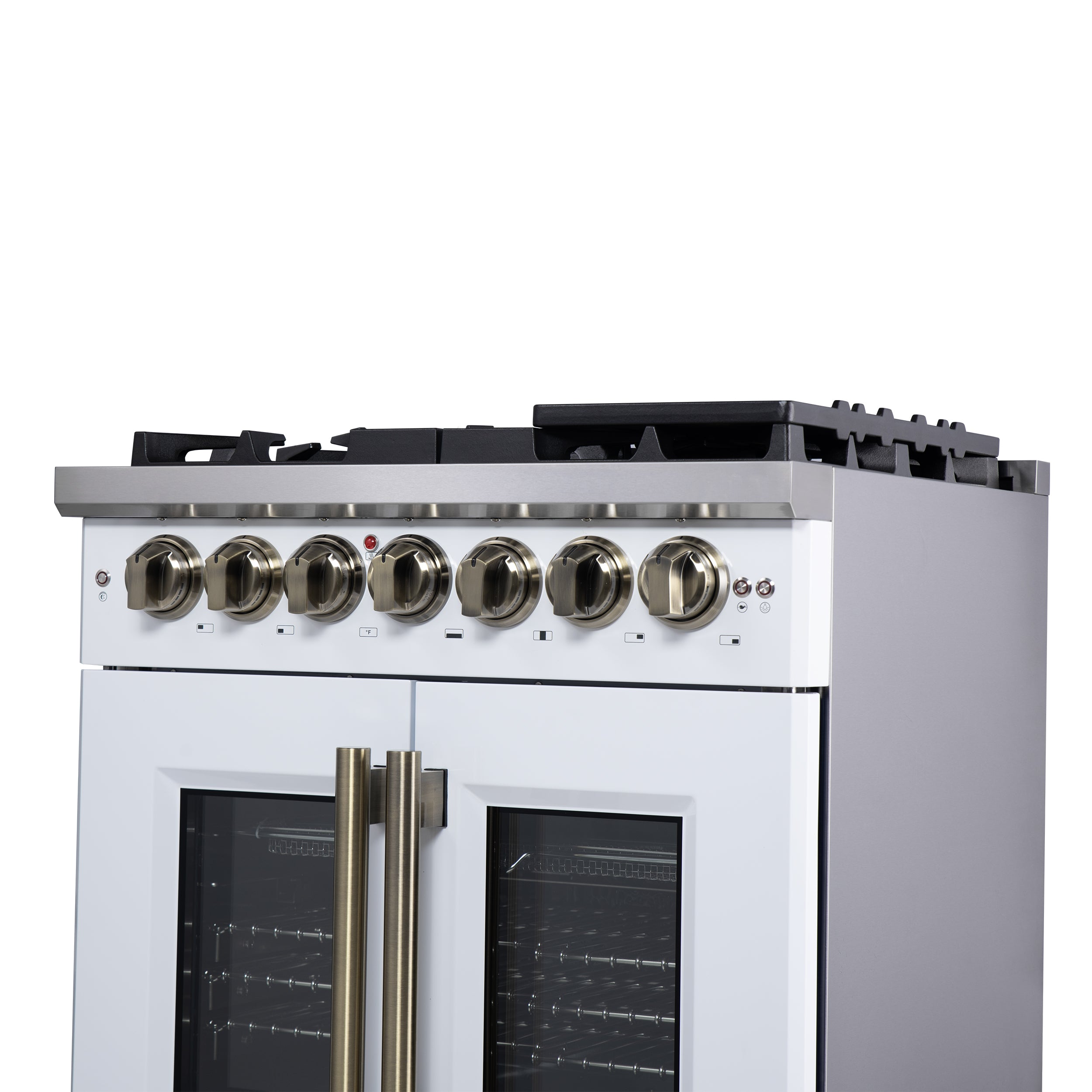 Forno Capriasca 30-Inch Freestanding French Door Dual Fuel Range in White with Antique Brass Accessories, 5 Burners, True Convection Oven