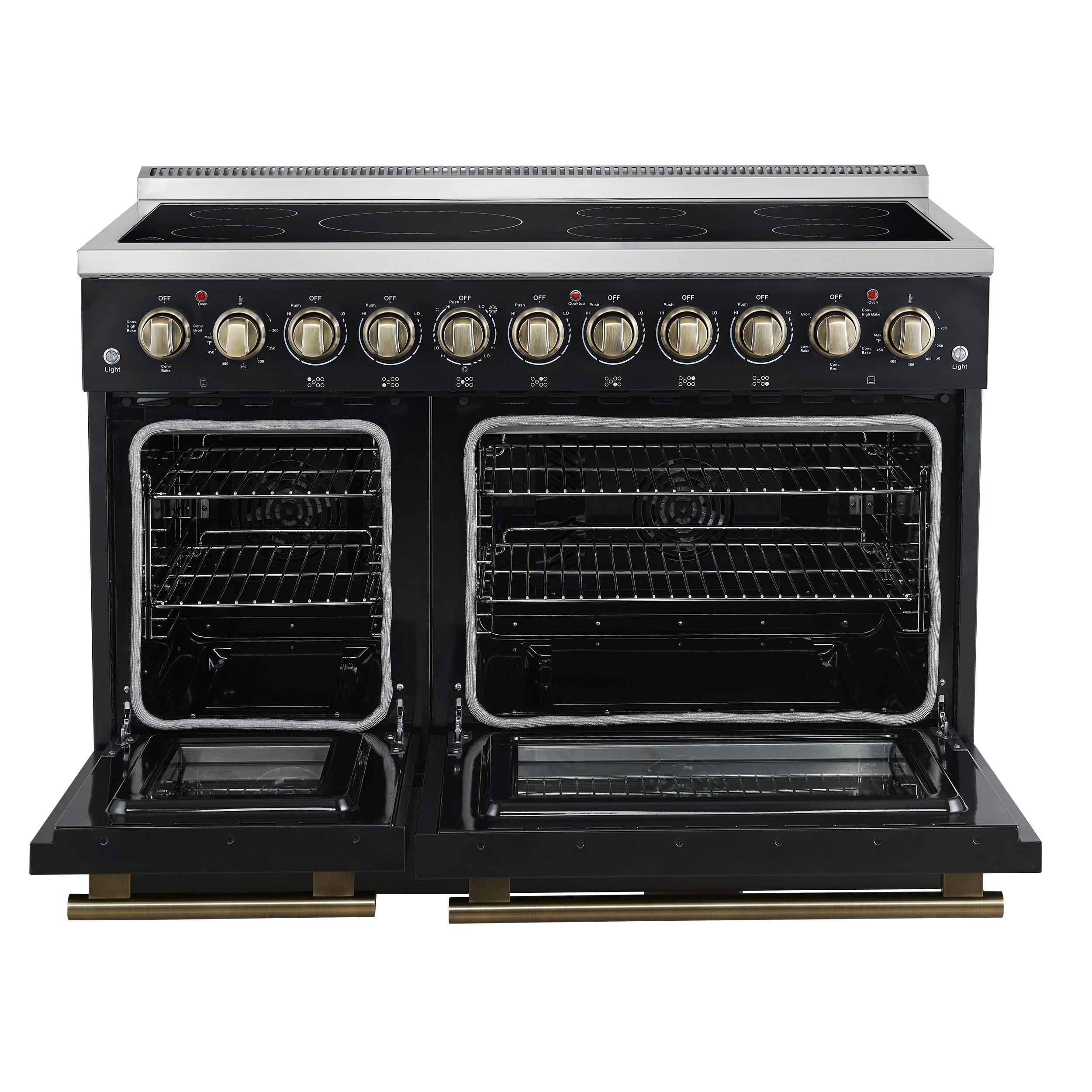 Forno Paolo 48 Inch Freestanding Electric Range in Black with Antique Brass, 6.7 cu.ft, True Convection Oven, Energy Efficient