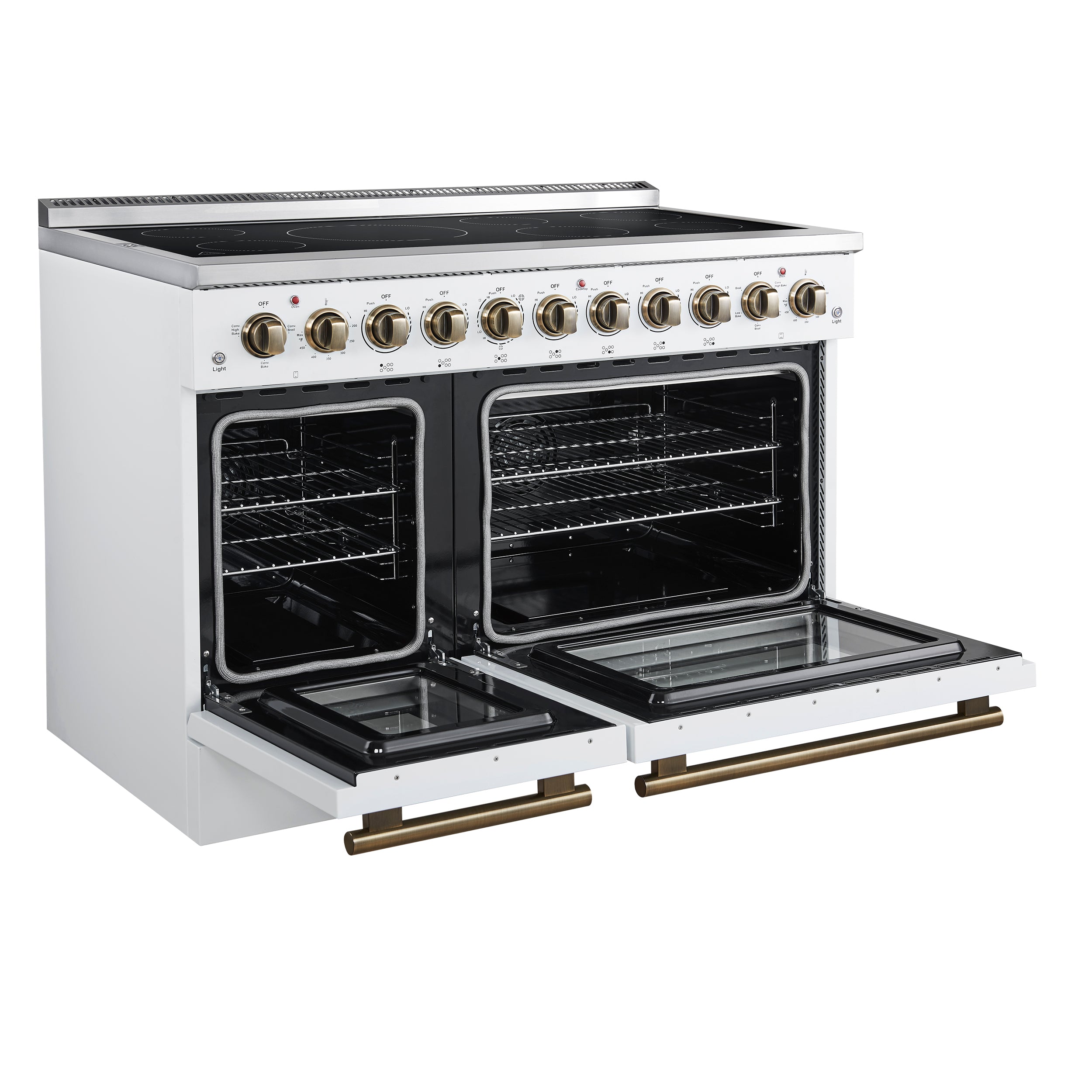 Forno Paolo 48 Inch Freestanding Electric Range in White with Antique Brass, 6.7 cu.ft, True Convection Oven, Energy Efficient