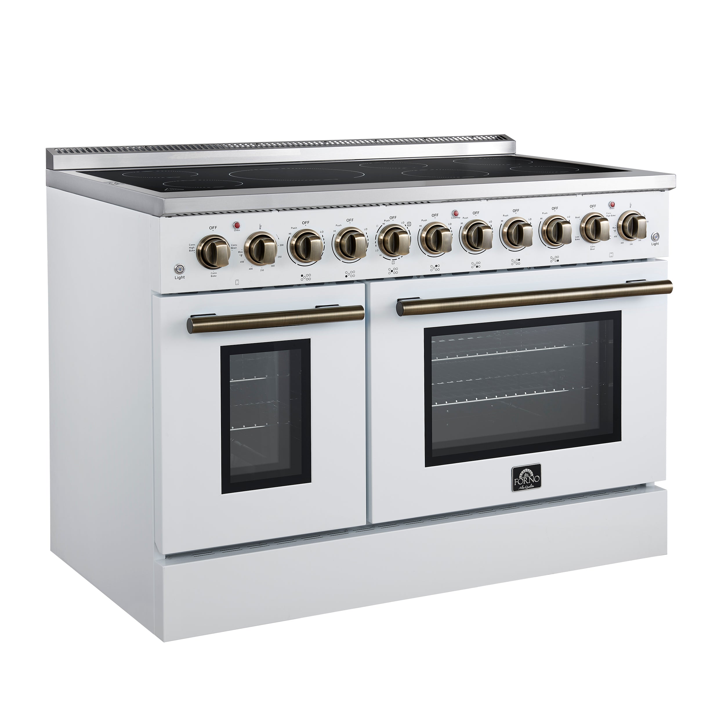 Forno Paolo 48 Inch Freestanding Electric Range in White with Antique Brass, 6.7 cu.ft, True Convection Oven, Energy Efficient