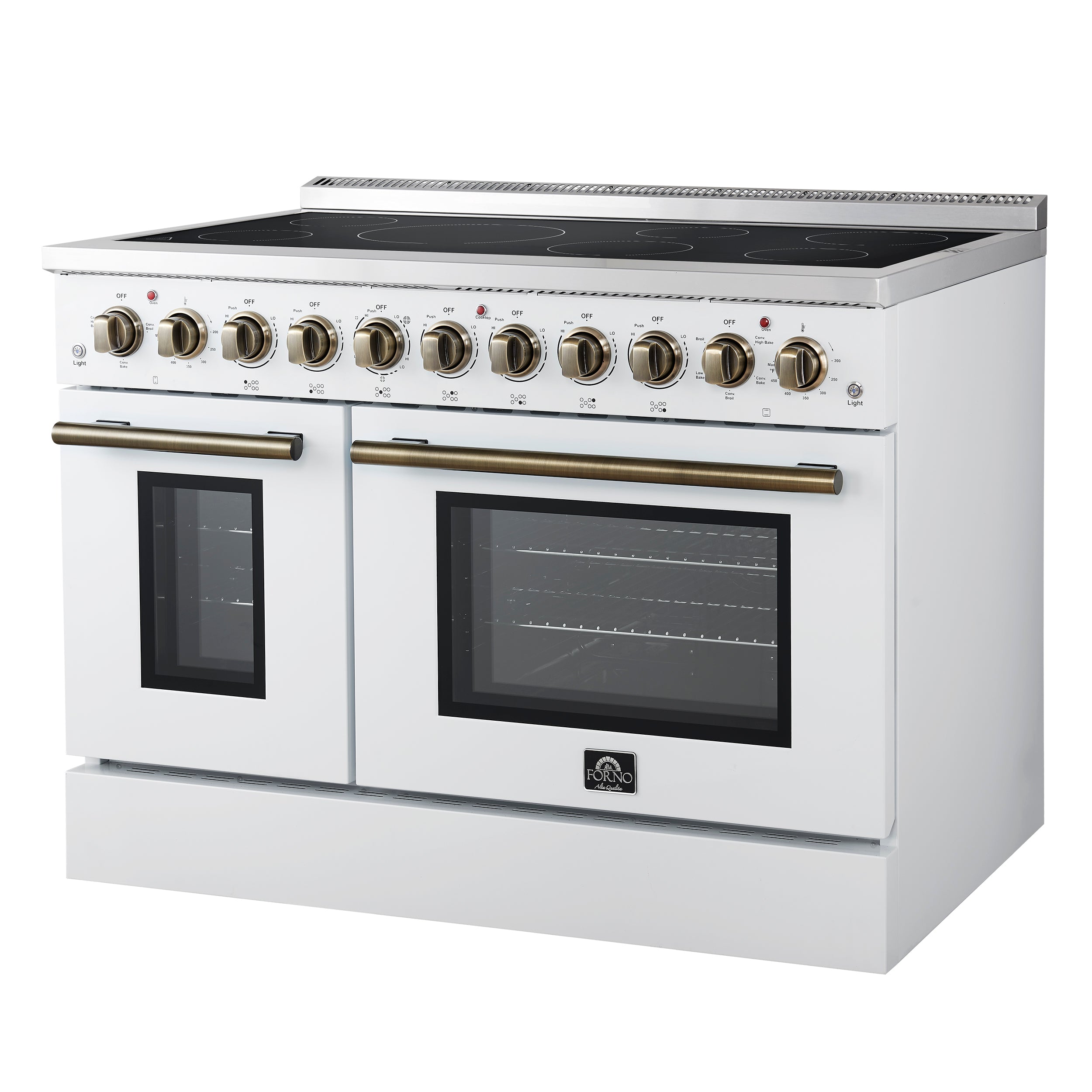 Forno Paolo 48 Inch Freestanding Electric Range in White with Antique Brass, 6.7 cu.ft, True Convection Oven, Energy Efficient