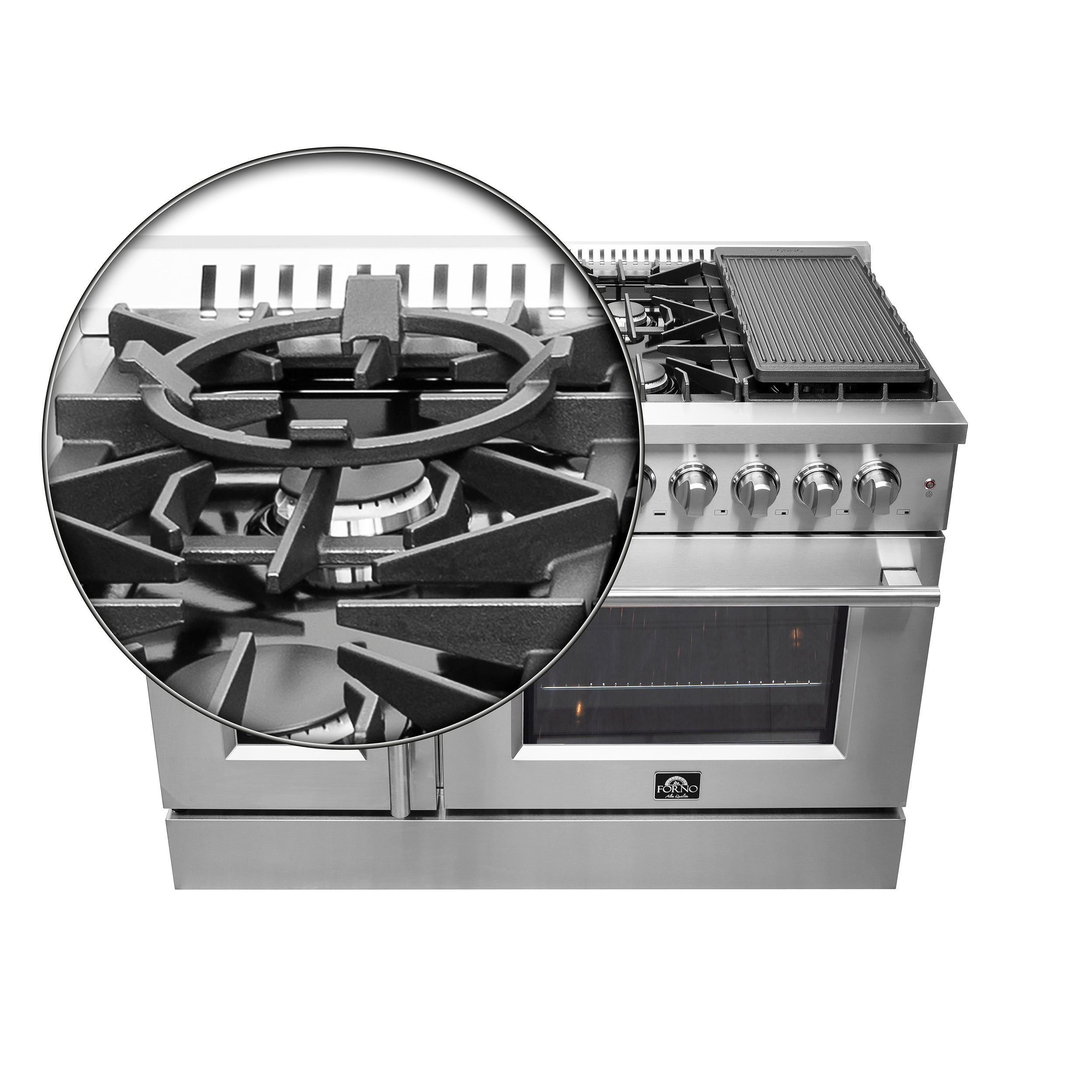 FORNO Galiano 48-Inch French Door Dual Fuel Range All Stainless Steel, 8 Sealed Burners, 107,000 BTU, Griddle, 6.58 cu.ft. Double Ovens