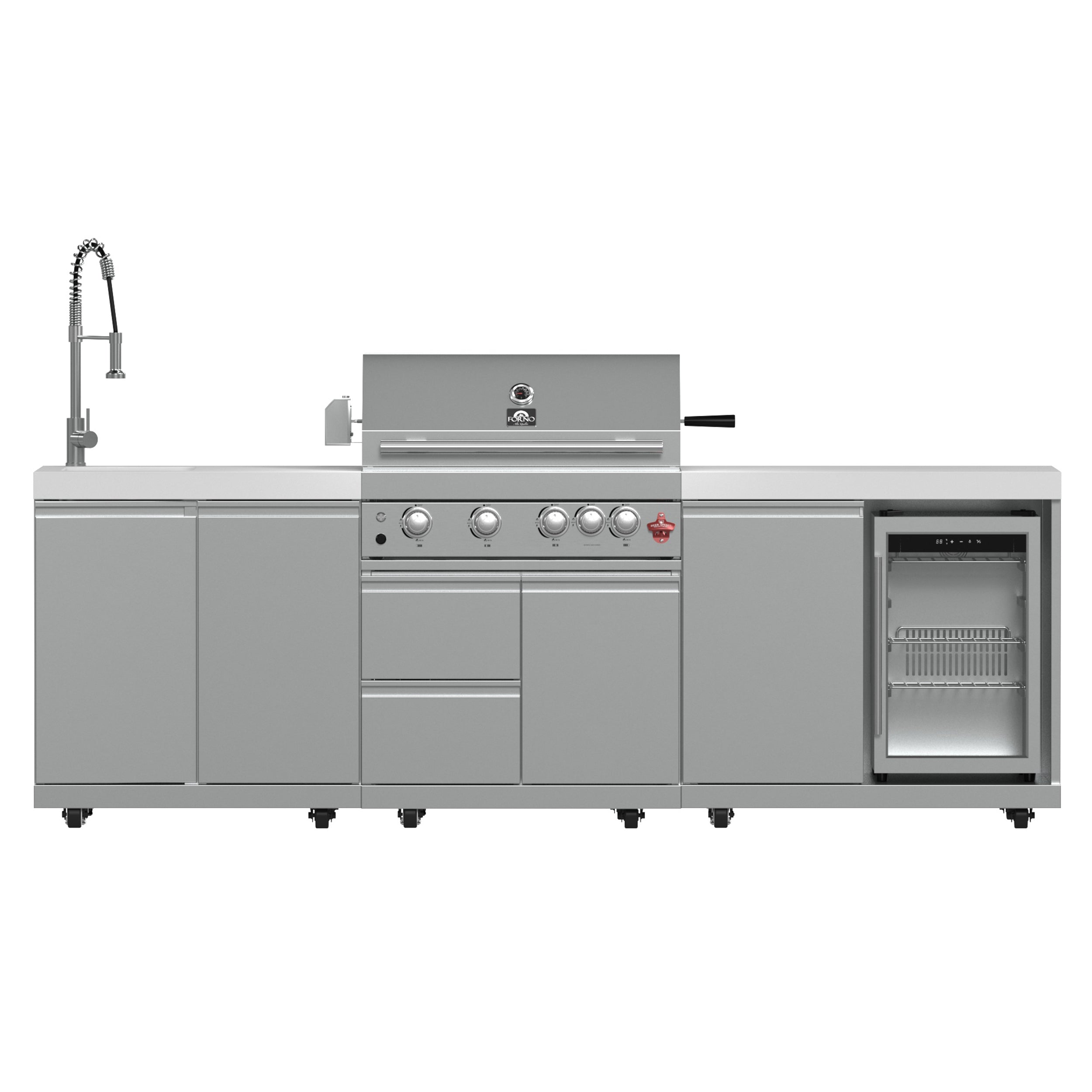 FORNO Bulnes 30-Inch BBQ, 60,000 BTU, 3 Burners with Sear & Rotisserie Infrared Burners, Stainless Steel Outdoor Kitchen with 1.8 cu.ft. Beverage Center & White Sintered Stone Countertops