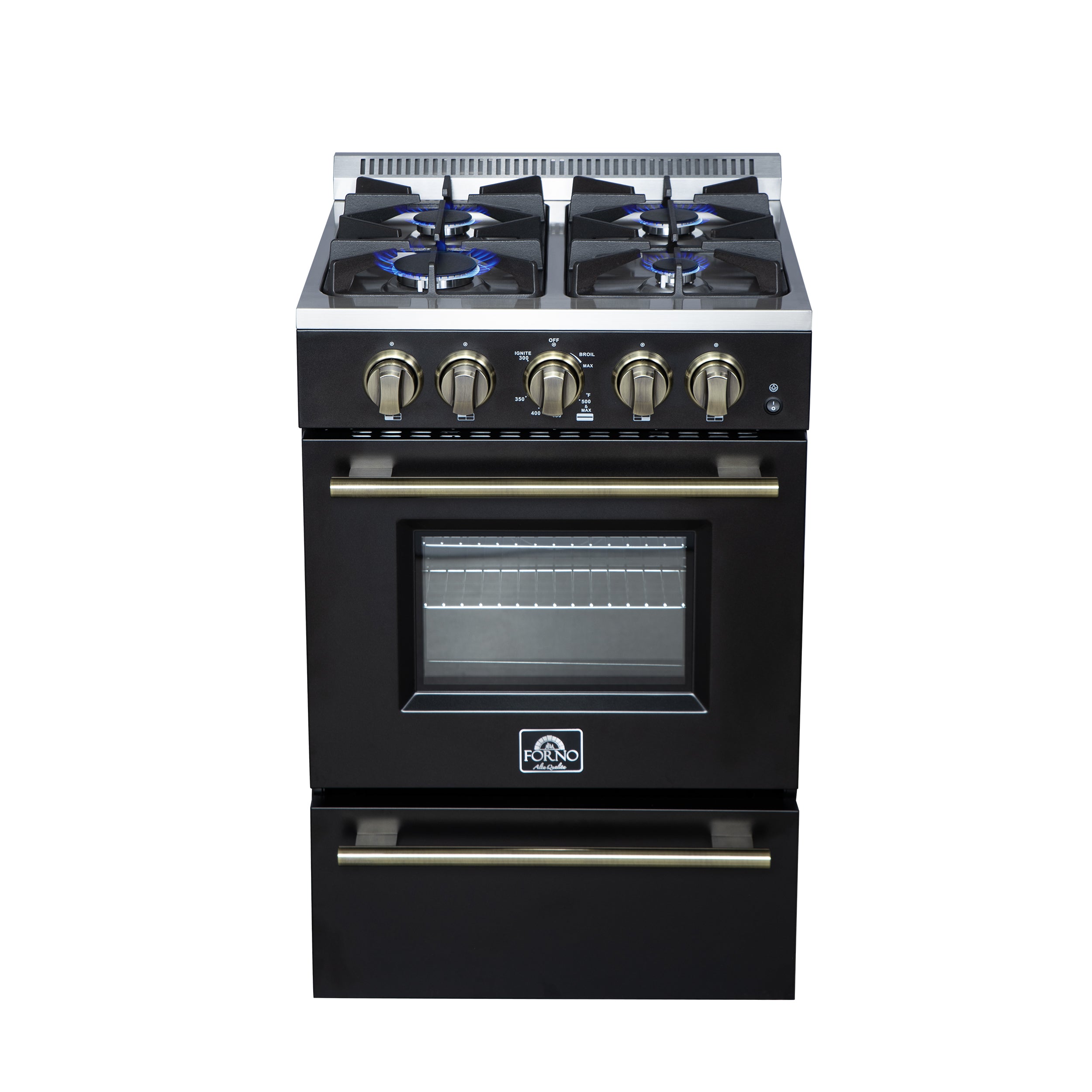 Forno Breno 24 Inch Freestanding Gas Range in Black with Antique Brass, Compact Design