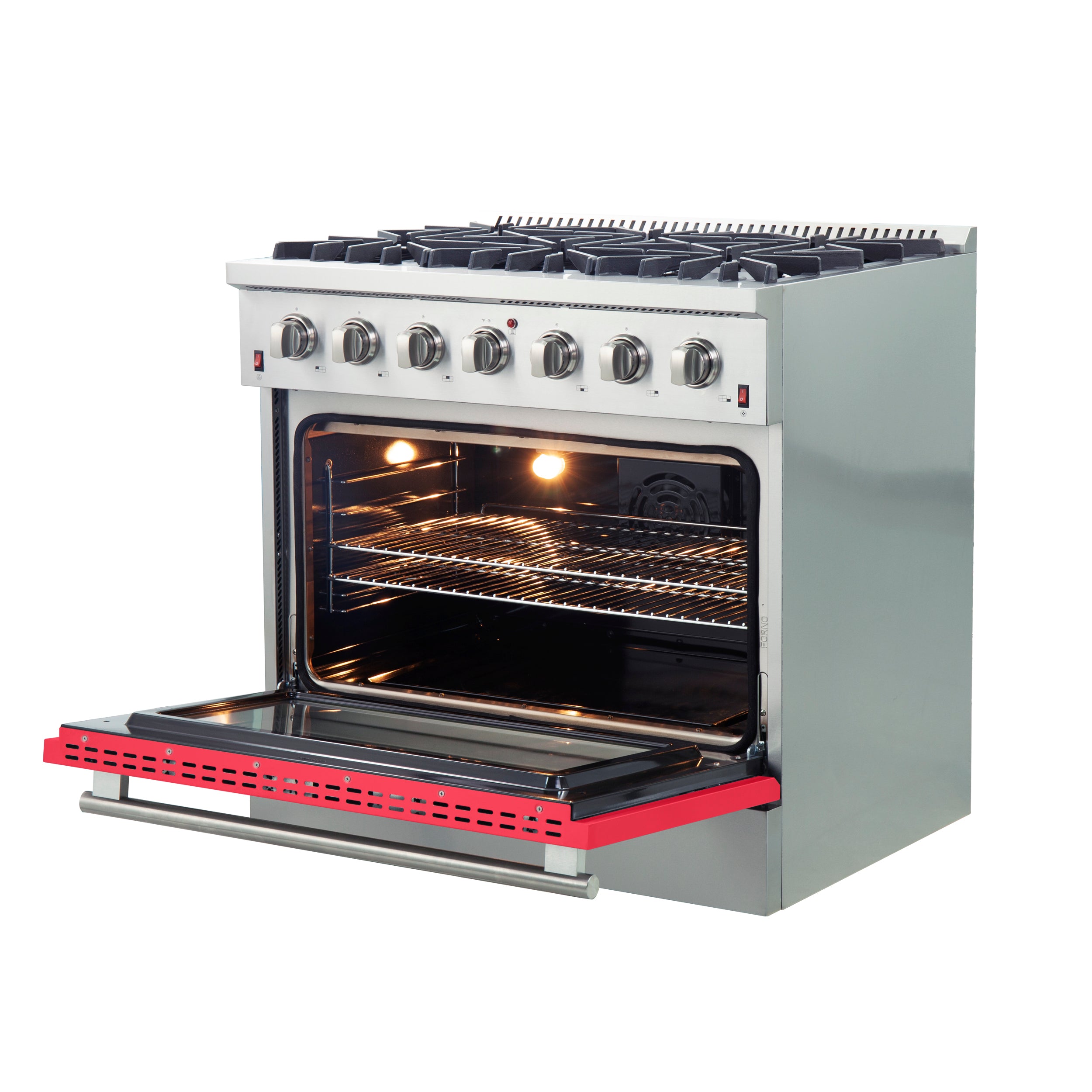 Forno Galiano 36-Inch Freestanding Gas Range, Stainless Steel, 6 Burners, Energy Efficient, Red Door