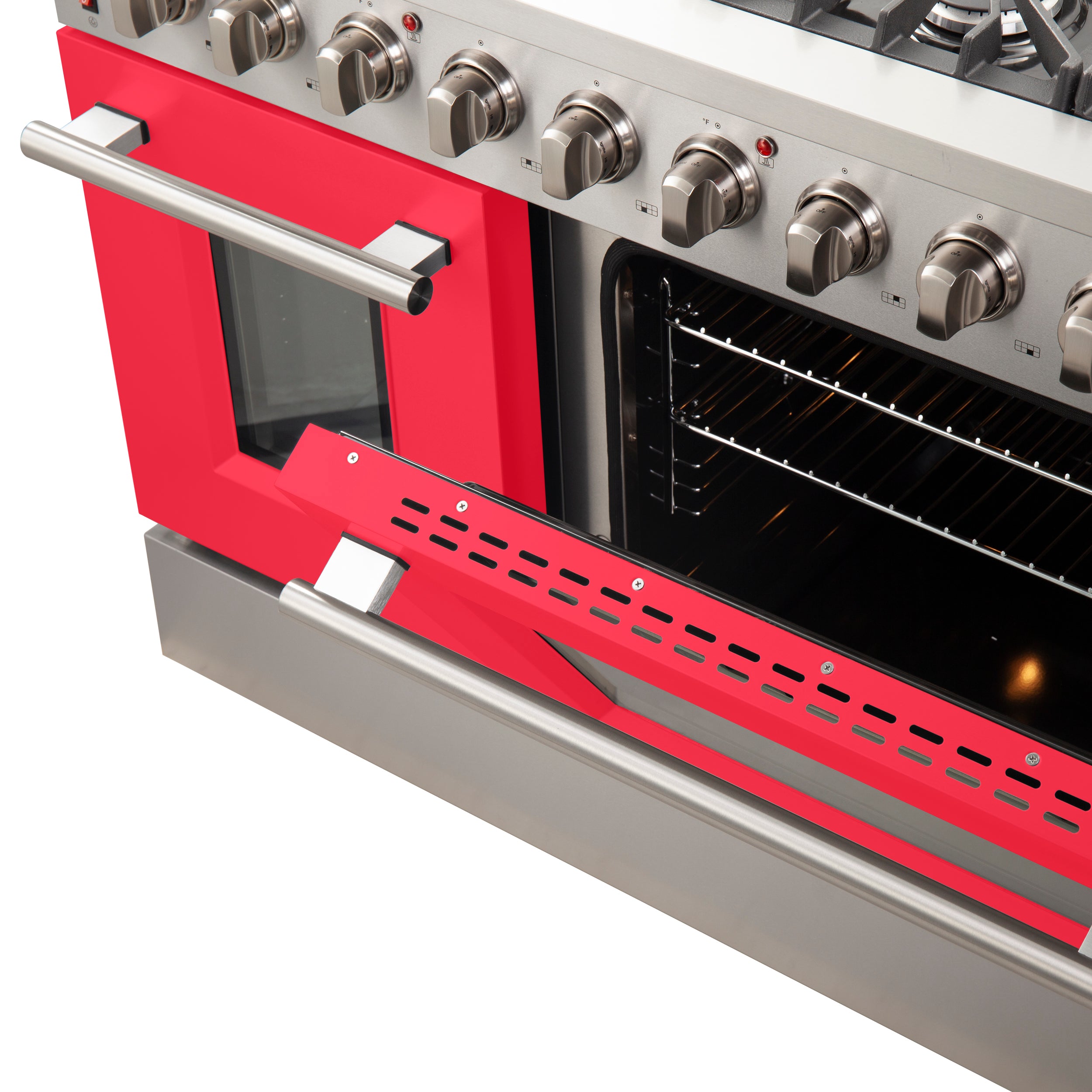 Forno Galiano 48-Inch Freestanding Gas Range, Stainless Steel, 8 Burners, 107,000 BTU, Griddle, Double Ovens, Energy Efficient, Red Doors