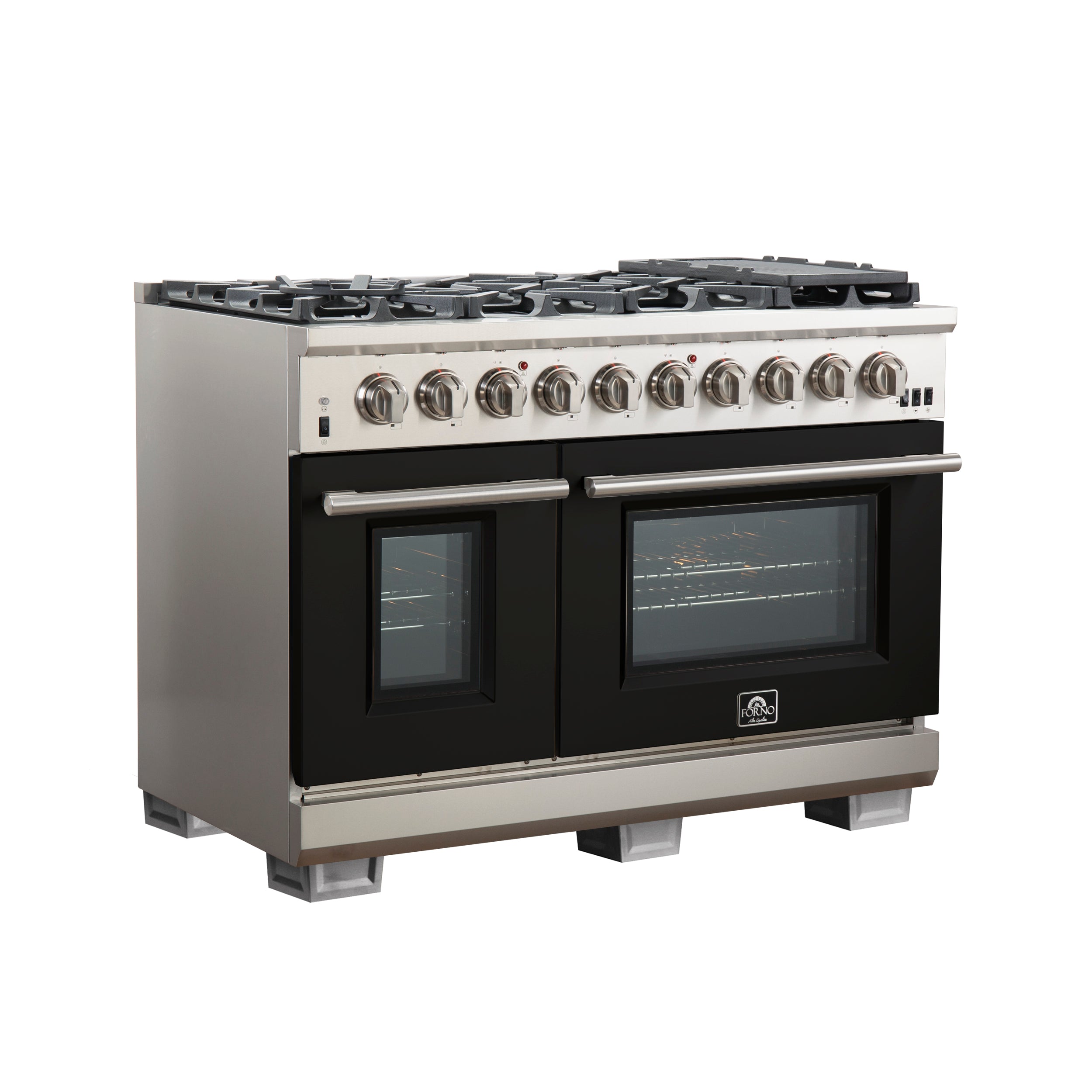 FORNO Capriasca 48-inch Gas Range Stainless Steel, 8 Brass Burners 160,000 BTU, 6.58 cu.ft. Double Oven, Black Doors
