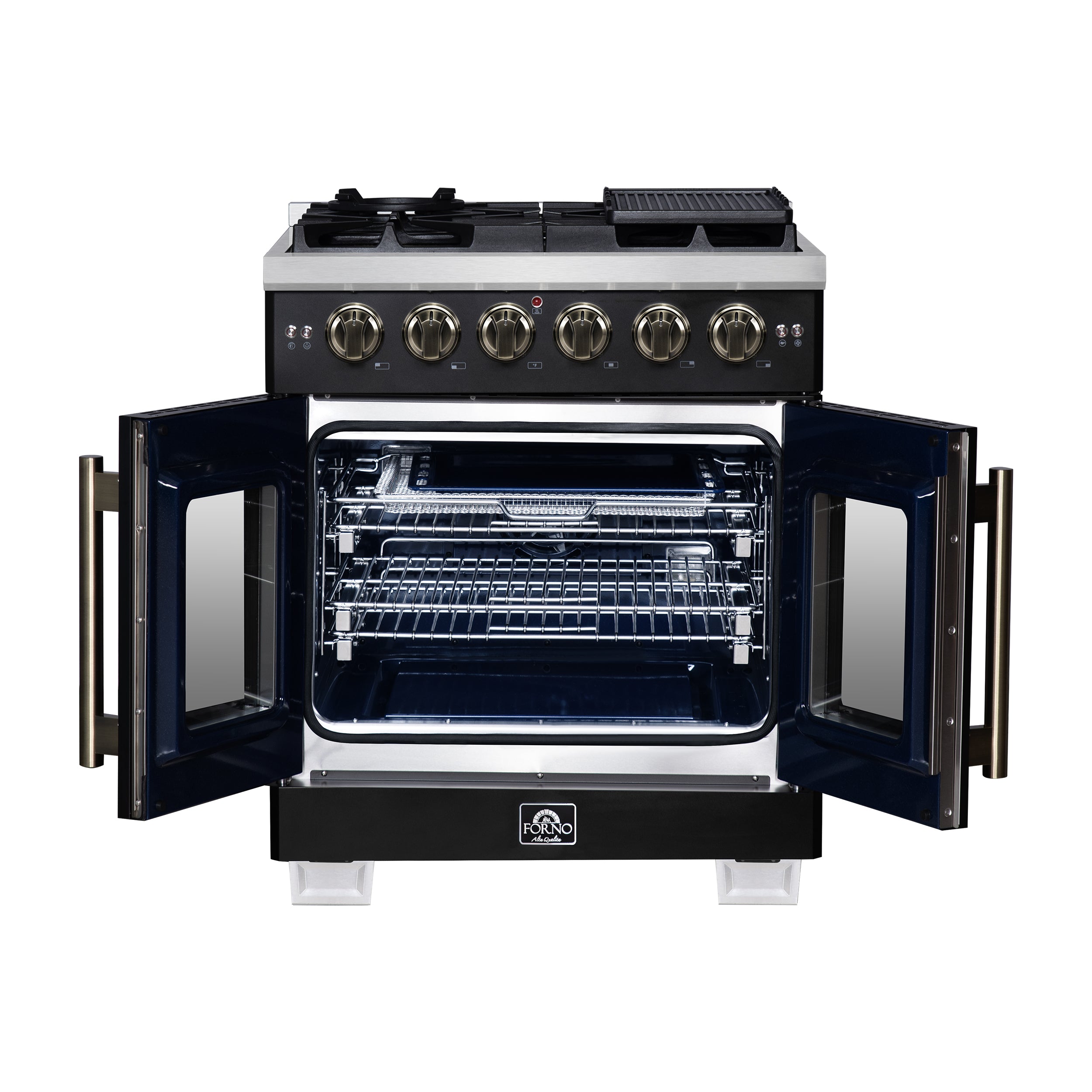 Forno Capriasca 30-Inch Freestanding French Door Gas Range, 4 Burners, Convection Oven, Energy Efficient