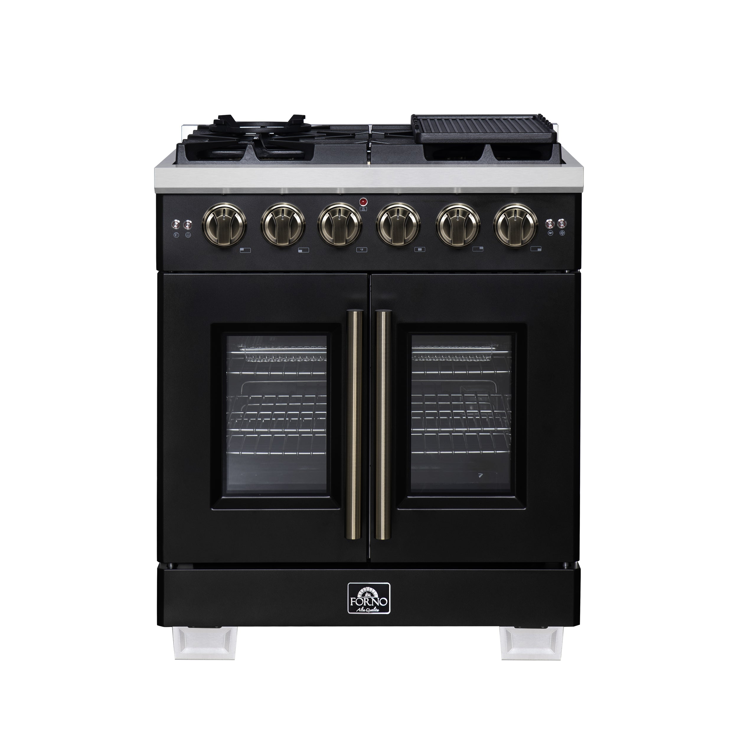 Forno Capriasca 30-Inch Freestanding French Door Gas Range, 4 Burners, Convection Oven, Energy Efficient