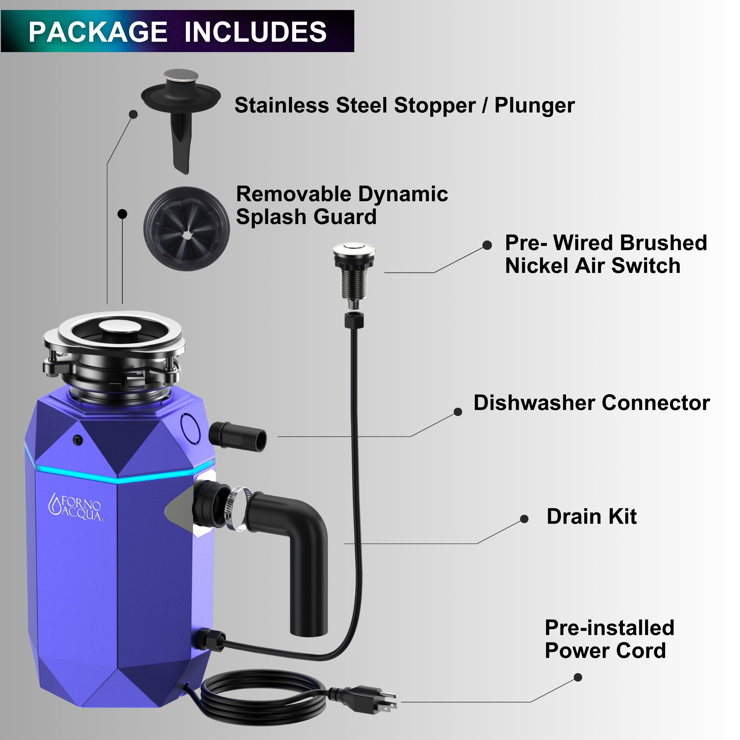 FORNO ACQUA BrightDIAMOND Amethyst 3/4HP Super Quiet Garbage Disposal Corded with Motion Sensor Cabinet Light & Pre-Wired Air Switch