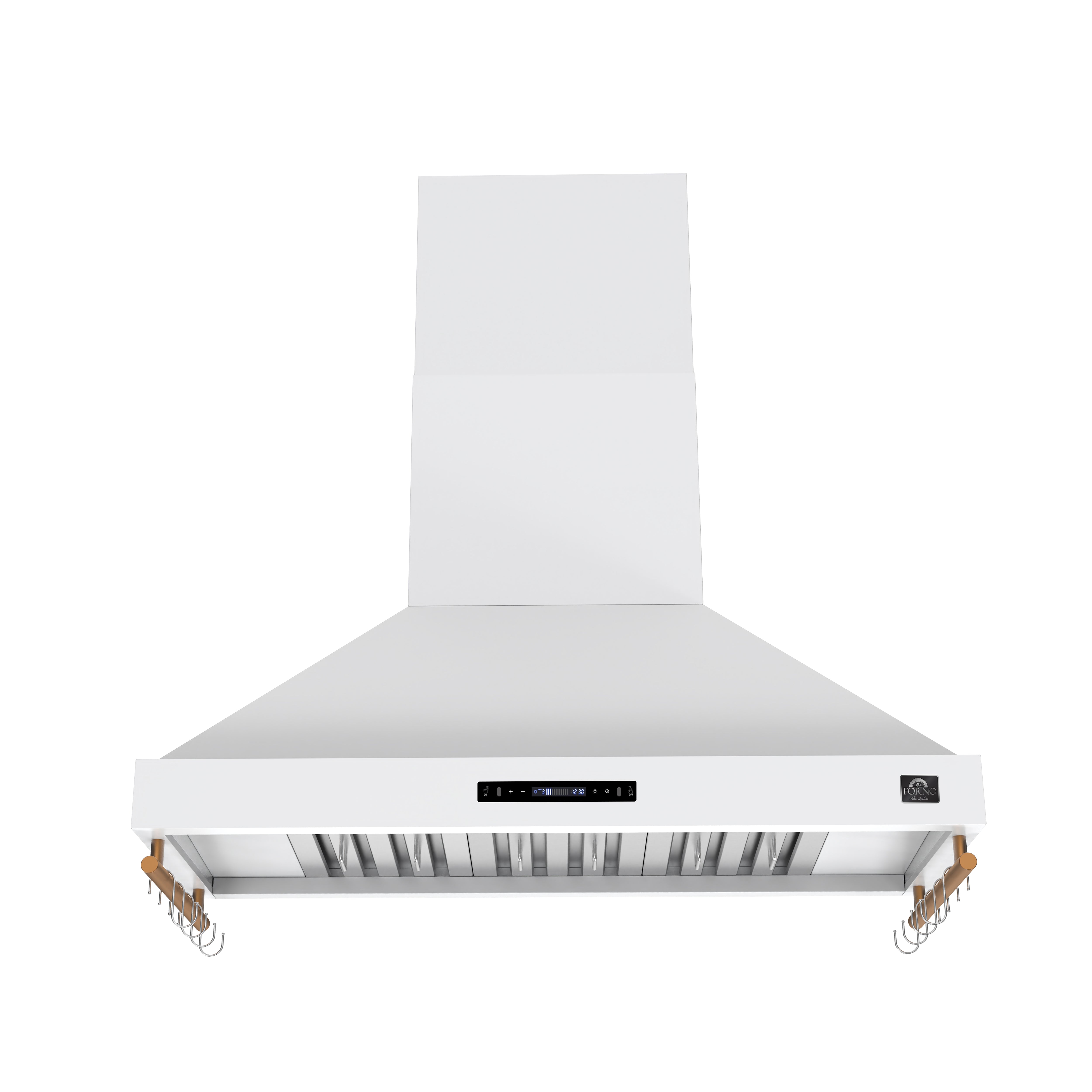 Forno Venezia 48 Inch Wall-Mounted Range Hood in White with Antique Brass Accessories, Touch Controls and Baffle Filters