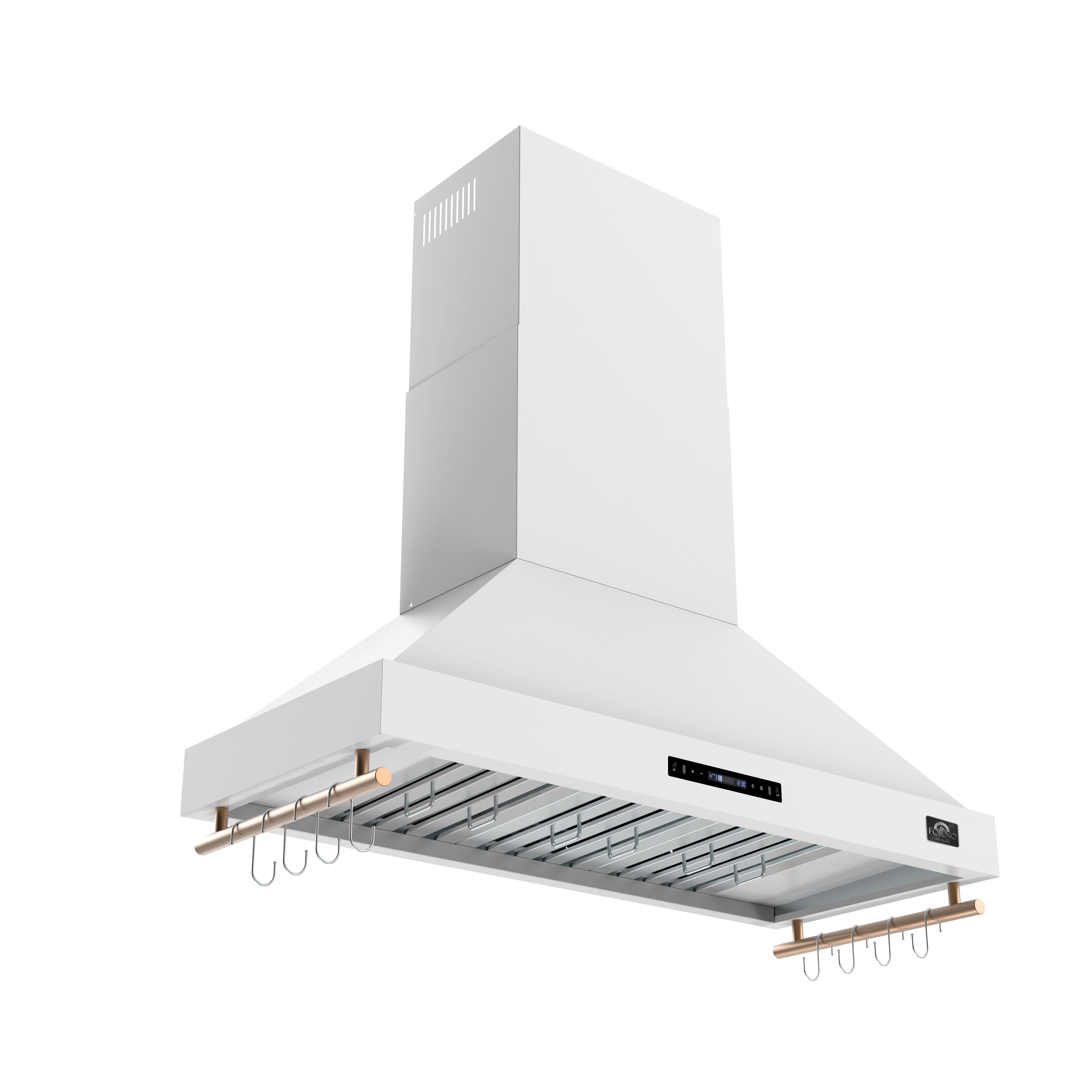 Forno Venezia 48 Inch Wall-Mounted Range Hood in White with Antique Brass Accessories, Touch Controls and Baffle Filters