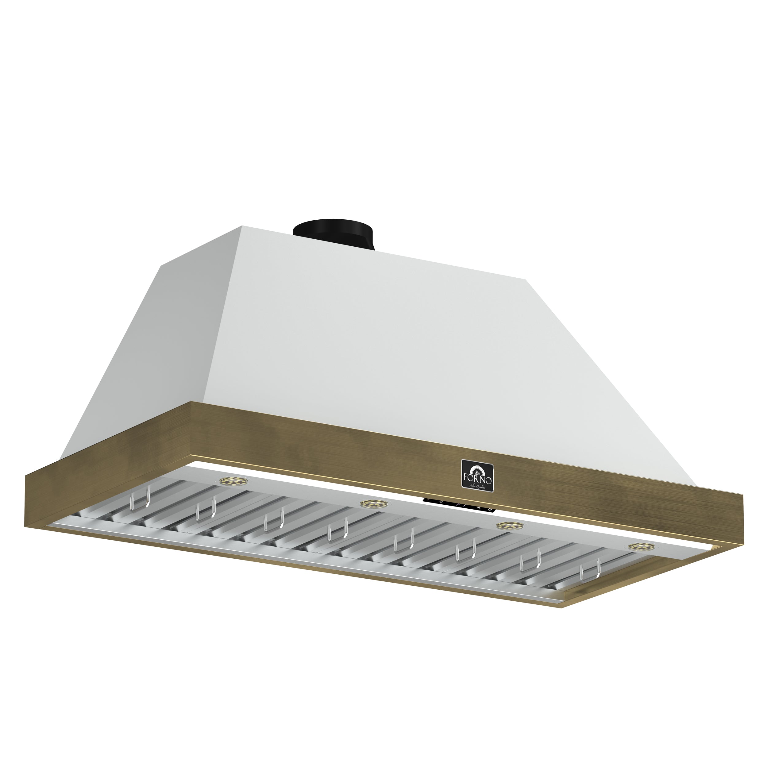 Forno Vittorio 48-Inch Wall Mount Range Hood, White with Antique Brass Trim, 600 CFM Airflow, Dishwasher-Safe Baffle Filters, Remote Control, 3-Speed Fan, Bright LED Lighting
