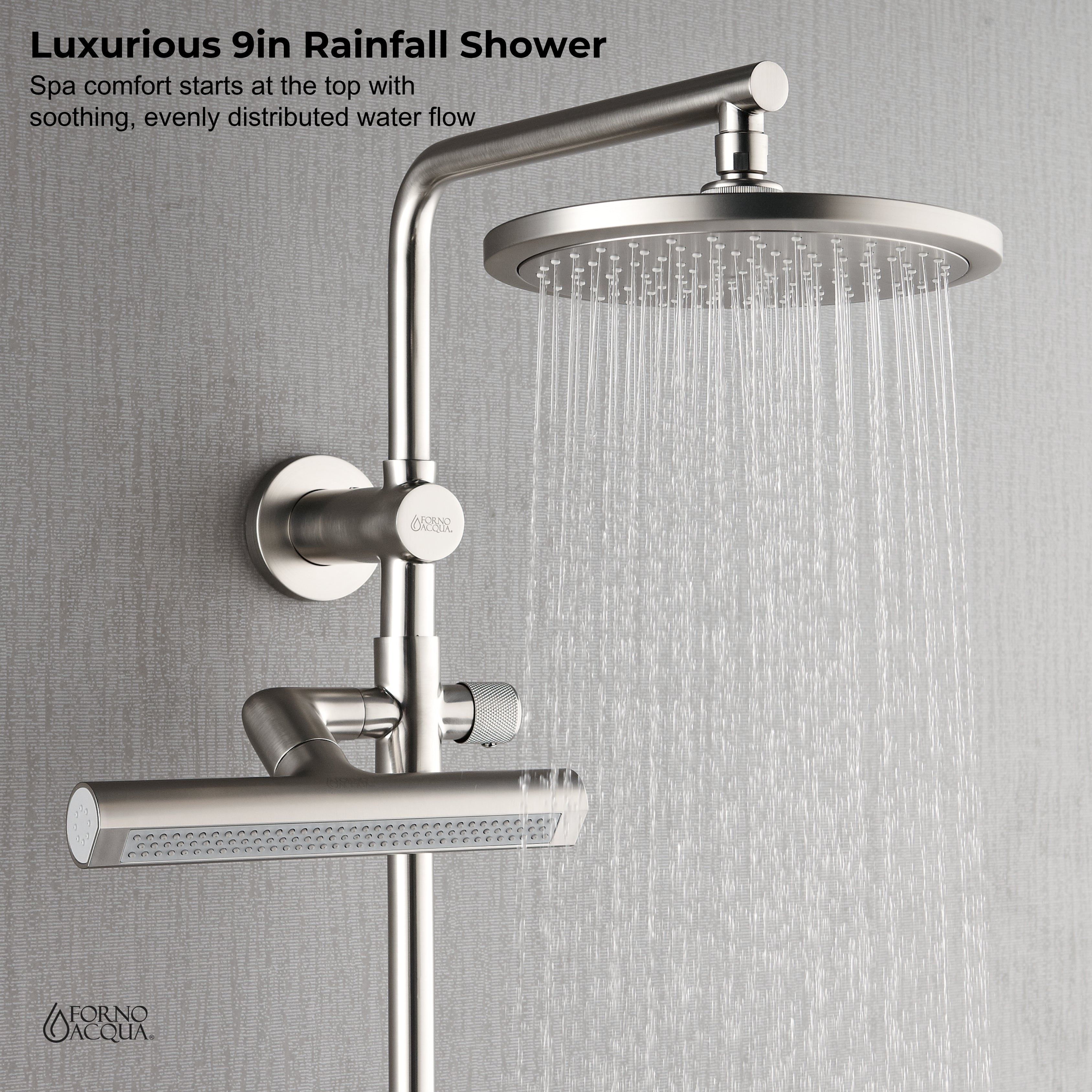 Forno Acqua AcquaFALL Shower, Brushed Nickel Finish, Overhead Rainfall Shower, Handheld Shower Head, Body Jets, 1.8 GPM Flow Rate