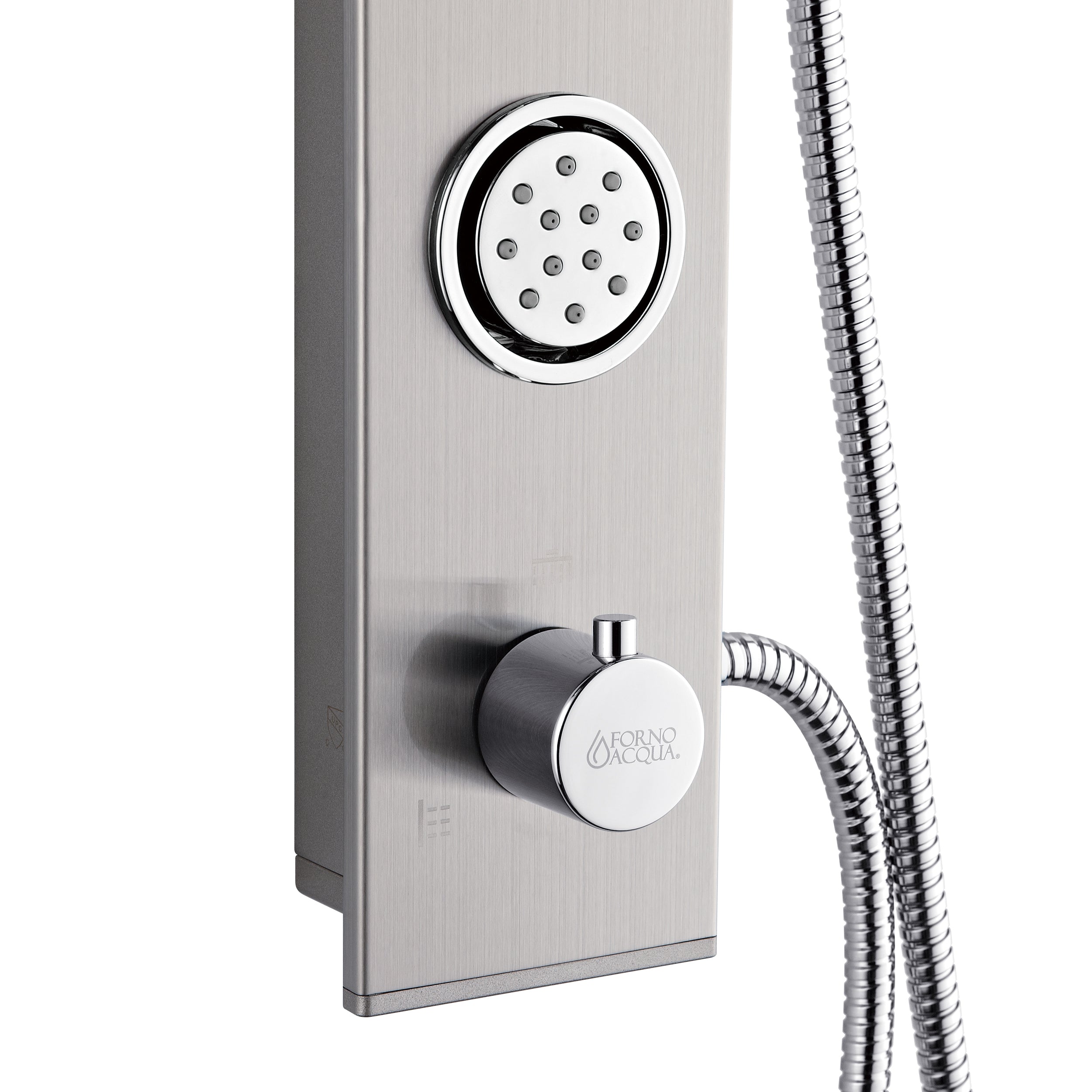 Forno Acqua AcquaSPA Shower Panel in Stainless Steel, Overhead Rainfall Shower, Handheld Shower Head, Body Jets, 1.8 GPM Flow Rate