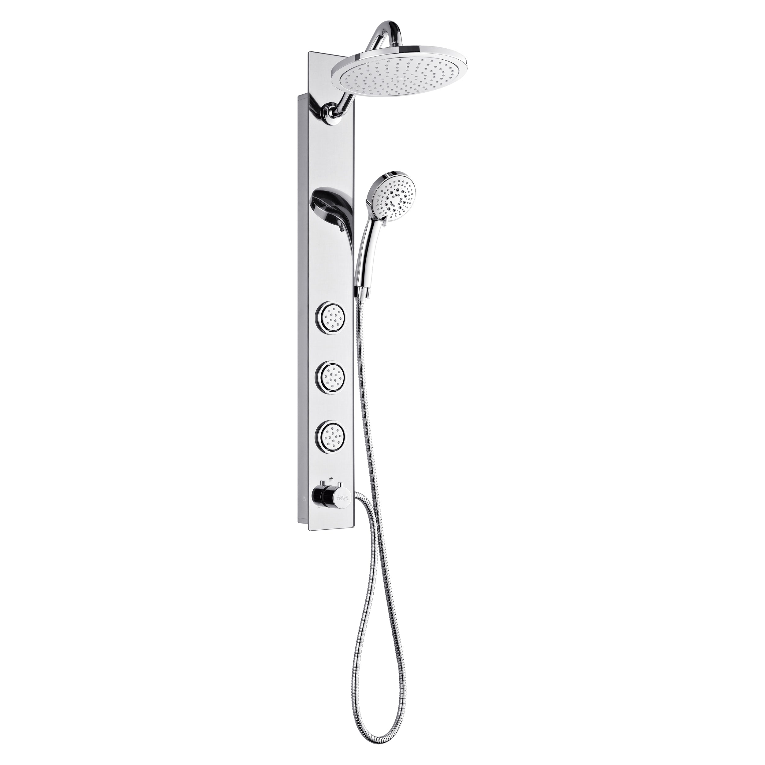 Forno Acqua AcquaSPA Shower Panel with SensoTEMP, Mirrored Stainless Steel Finish, Overhead Rainfall Shower, Handheld Shower Head, Body Jets, 1.8 GPM Flow Rate