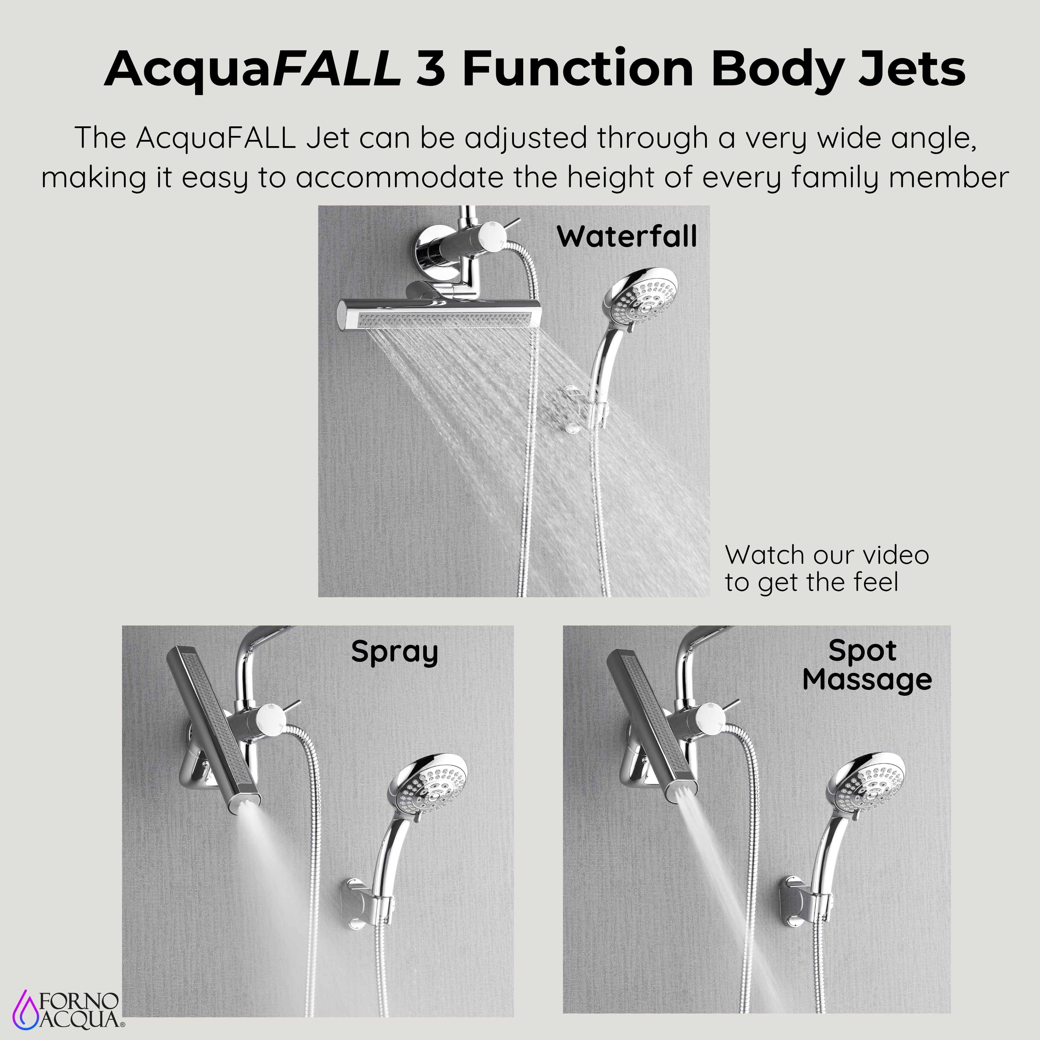 Forno Acqua AcquaFALL Mini Shower Head, Polished Stainless Steel Finish, Overhead Rainfall Shower, 7 Way Diverter, Handheld Shower Head, Body Jets, 2.5 GPM Flow Rate