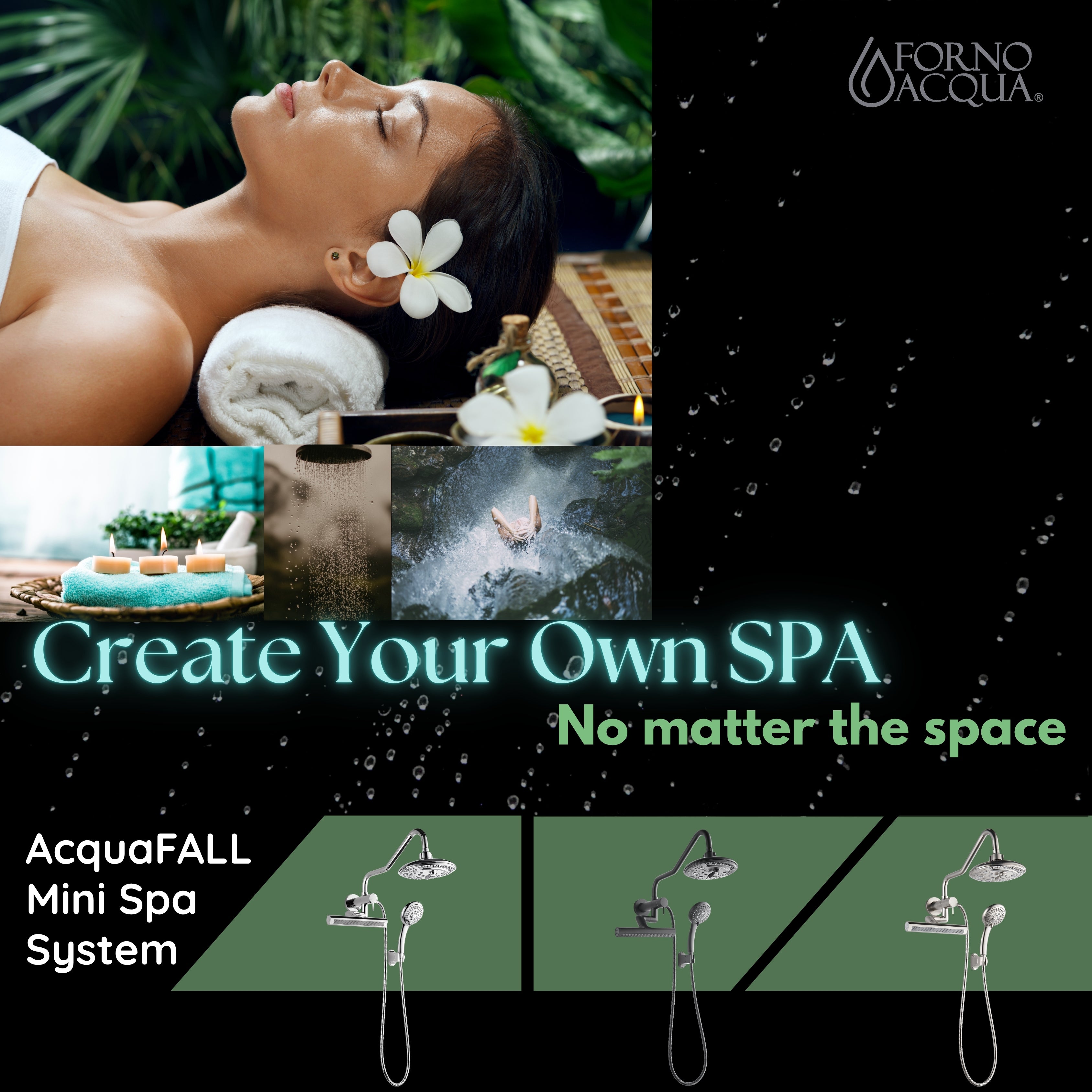 Forno Acqua AcquaFALL Mini 8 Inch Shower Head, Matte Black Finish, Overhead Rainfall Shower, Handheld Shower Head, Body Jets, 2.5 GPM Flow Rate