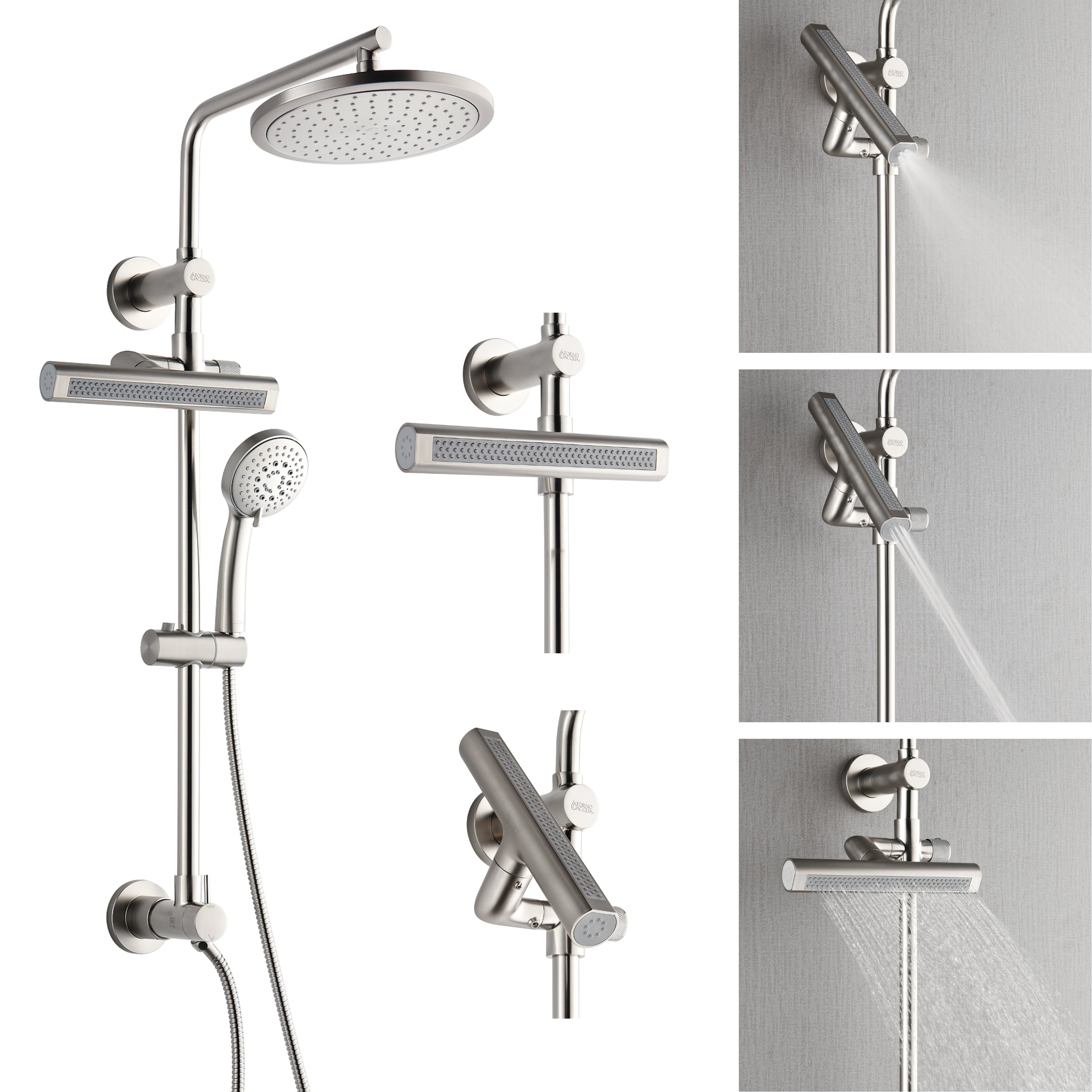 Forno Acqua AcquaFALL Shower, Brushed Nickel Finish, Overhead Rainfall Shower, Handheld Shower Head, Body Jets, 1.8 GPM Flow Rate