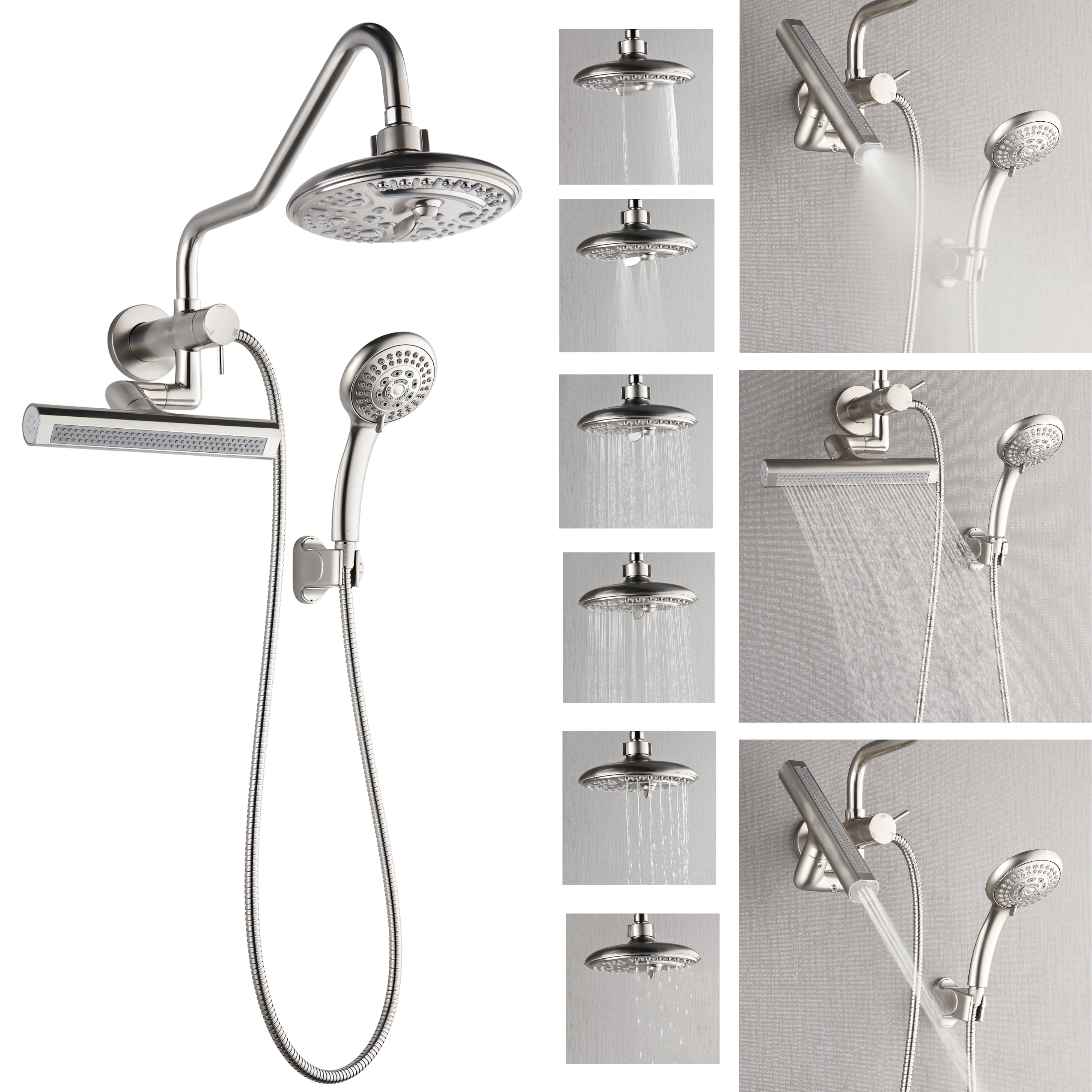 Forno Acqua AcquaFALL Mini 8 Inch Shower Head, Brushed Nickel Finish, Overhead Rainfall Shower, Handheld Shower Head, Body Jets, 2.5 GPM Flow Rate