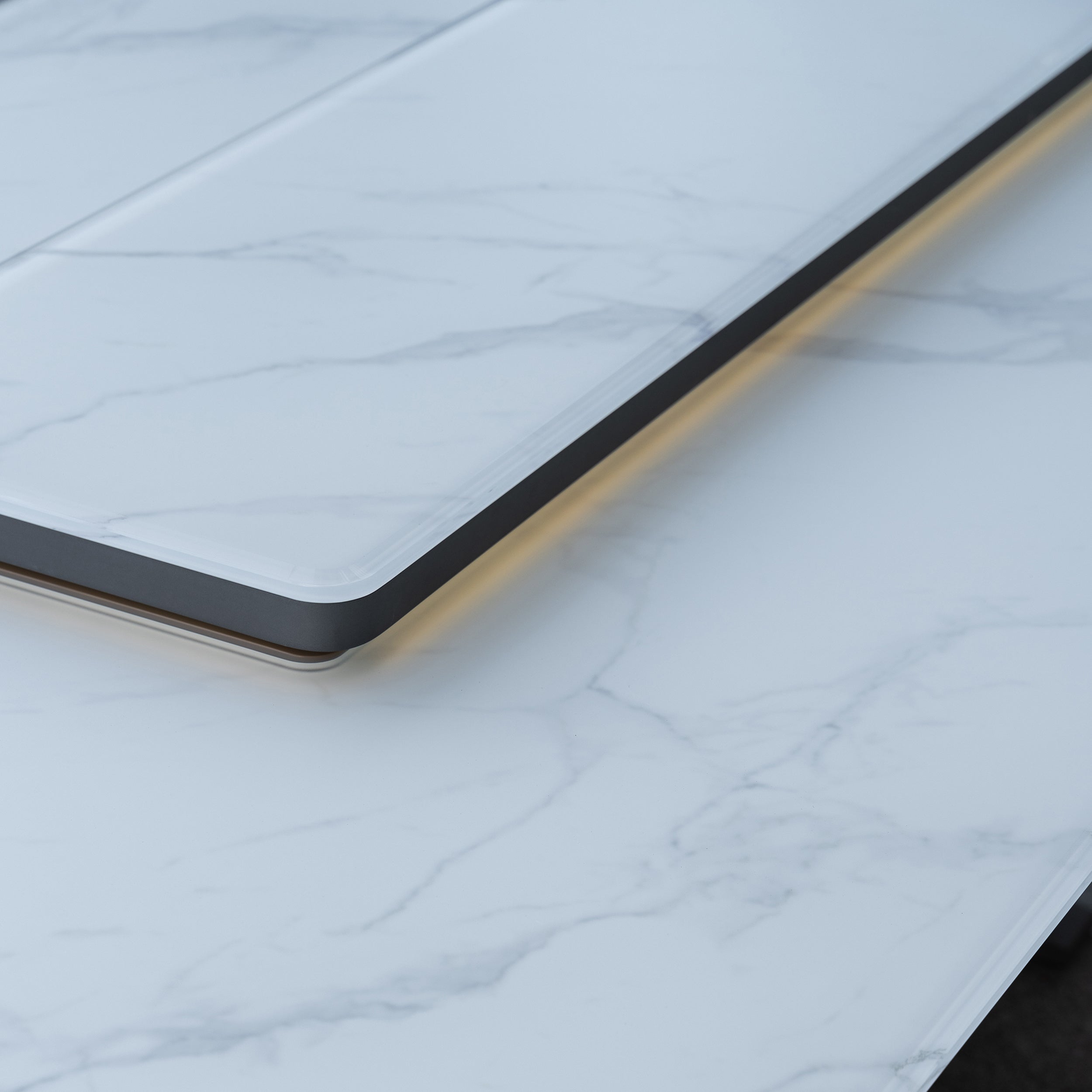 Cinetico Smart Dining Table in White, 5.3 cu.ft fridge and freezer with Bluetooth control