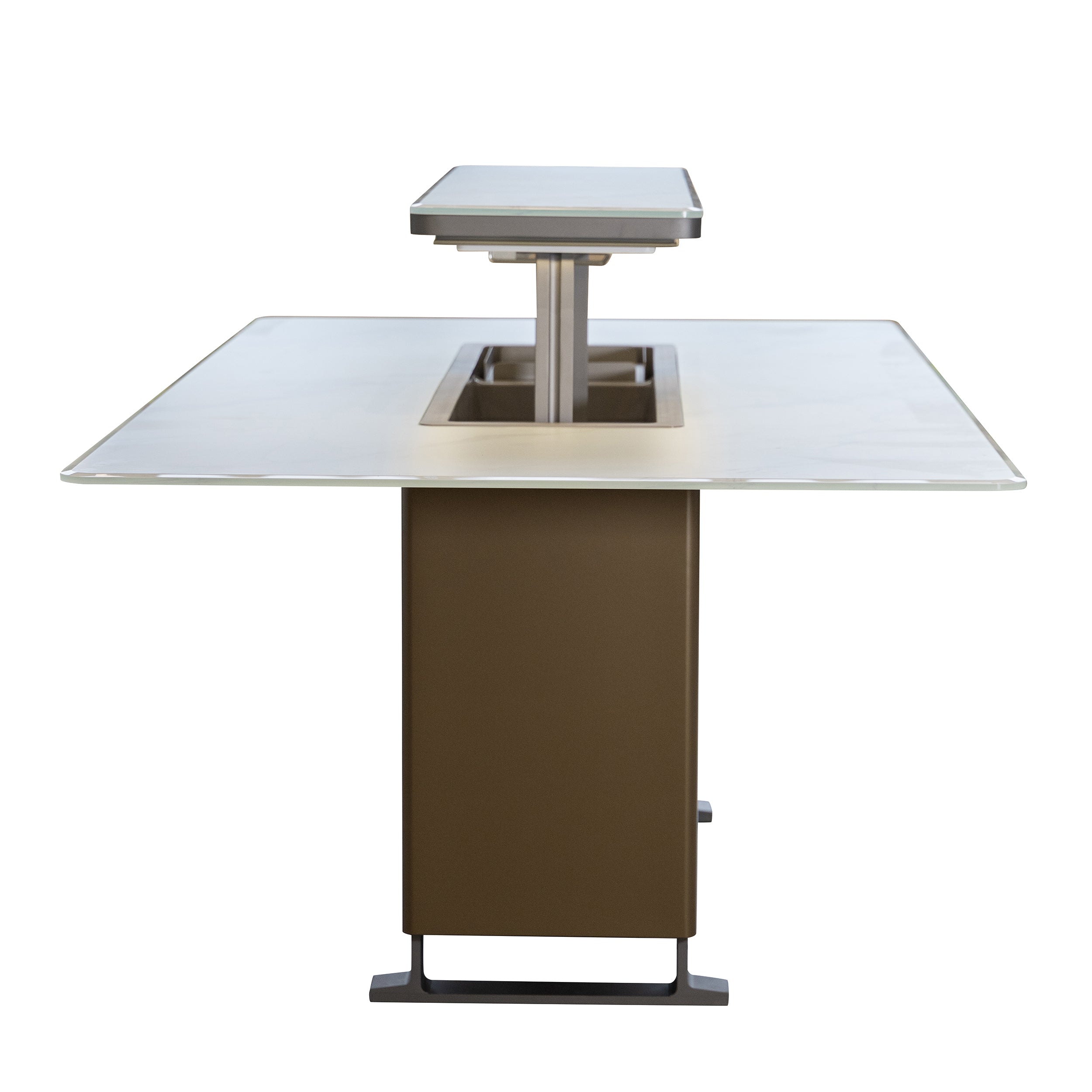 Cinetico Smart Dining Table in White, 5.3 cu.ft fridge and freezer with Bluetooth control