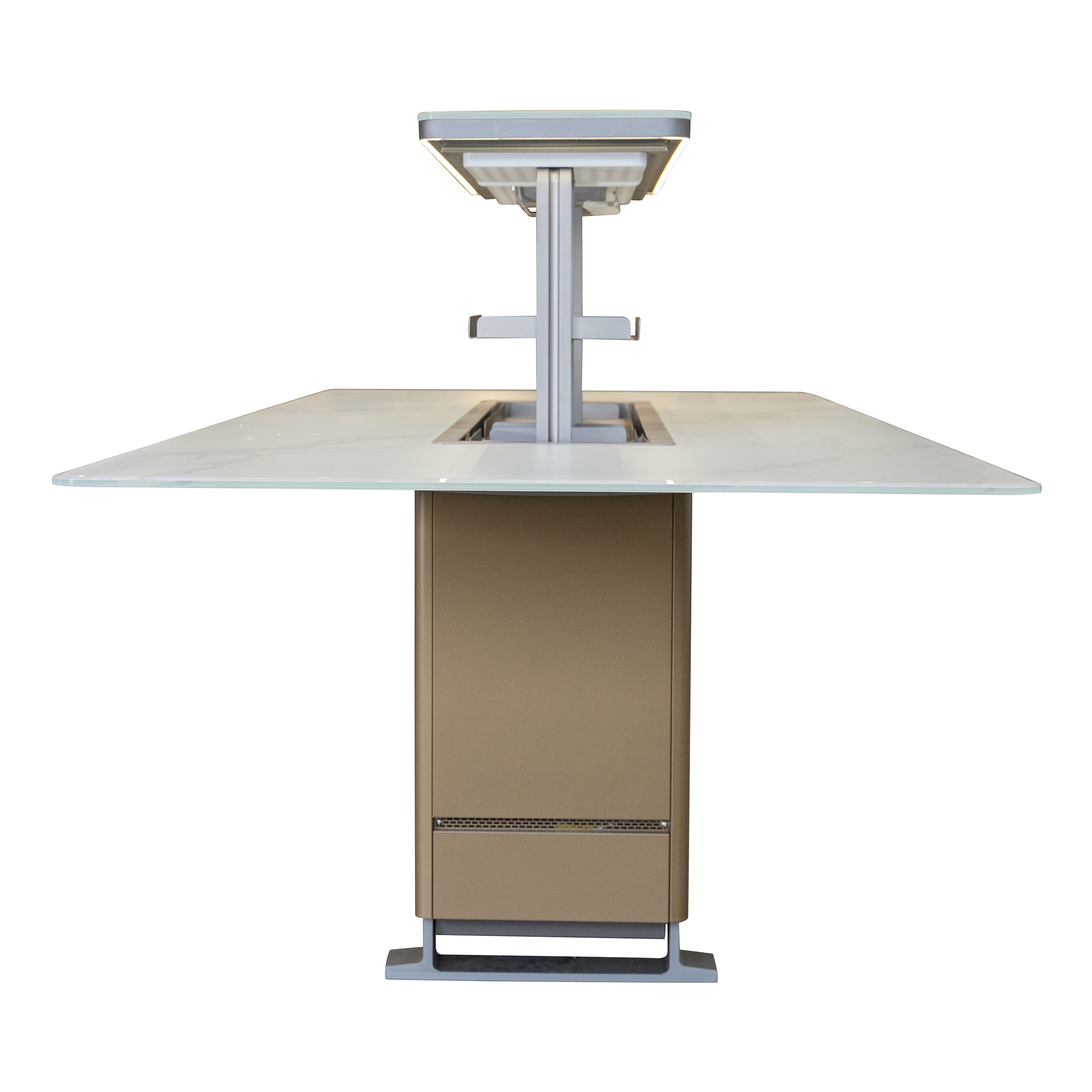 Cinetico Smart Dining Table in White, 5.3 cu.ft fridge and freezer with Bluetooth control