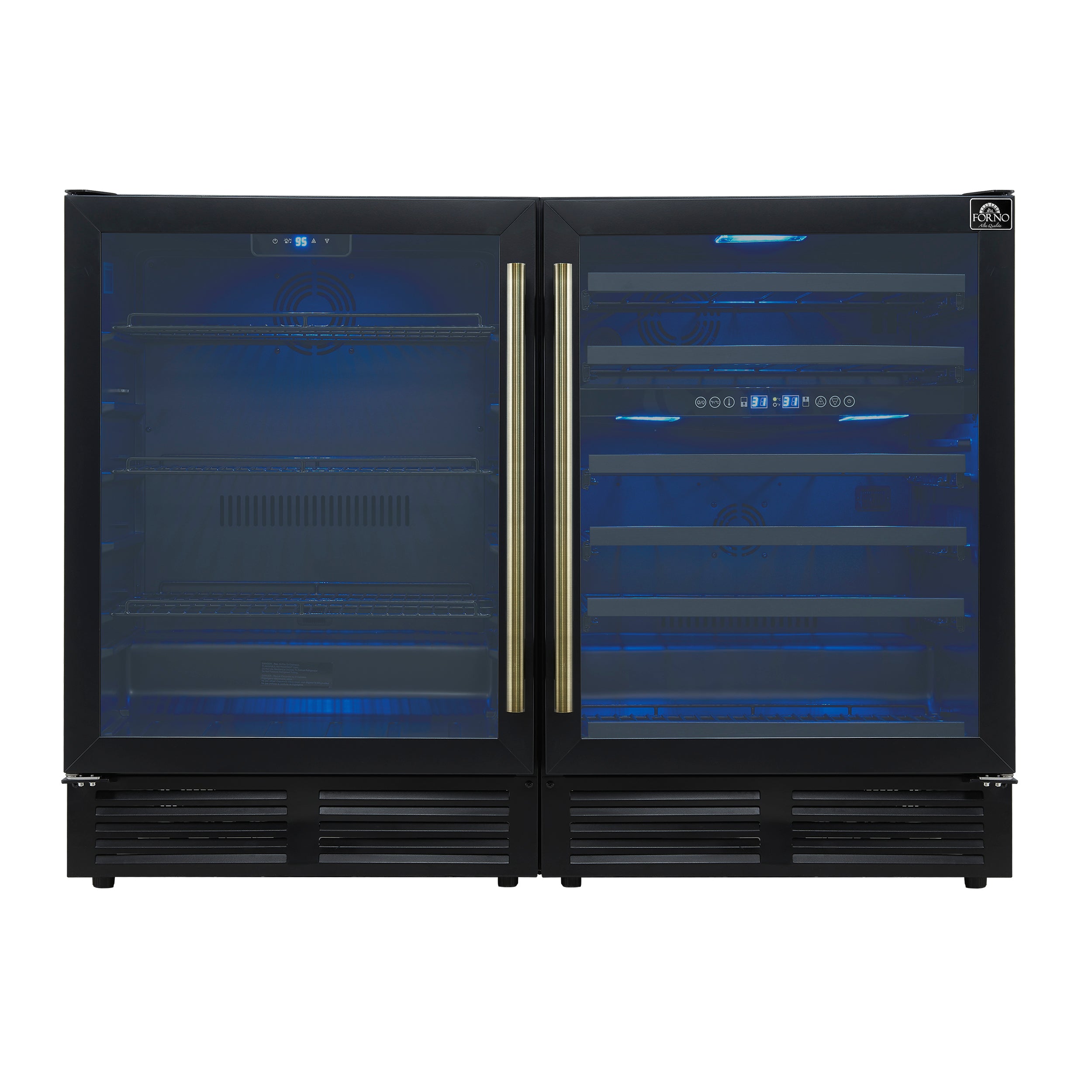 Gemello 48 Inch Side-by-Side Wine and Beverage Cooler in Black with Antique Brass Handles, French Door, 9.6 cu. ft.