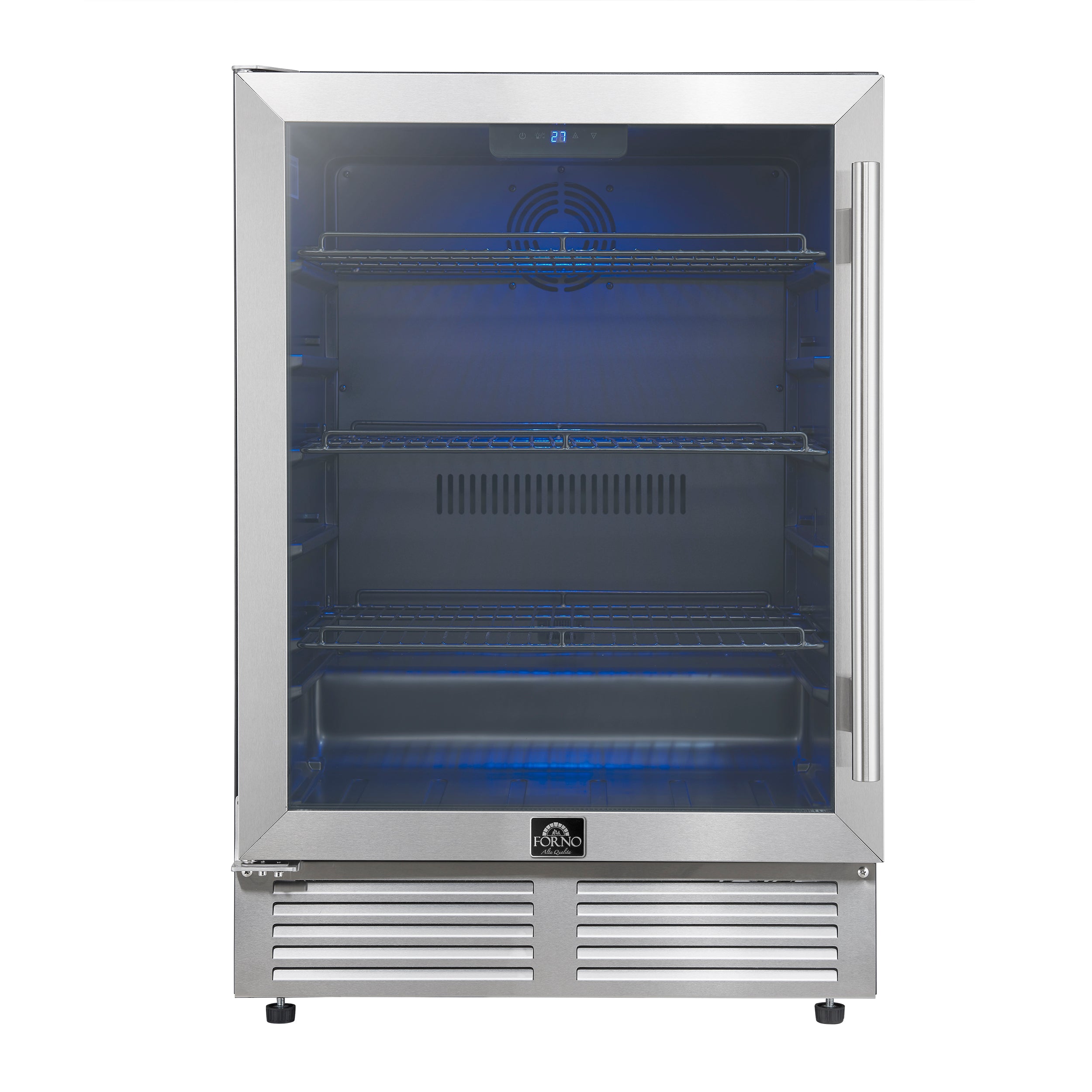 Forno Frescolino 24 Inch Beverage Cooler, Stainless Steel, with LED Lighting, Triple Glass Door, 188 Can Capacity, Built-In or Freestanding